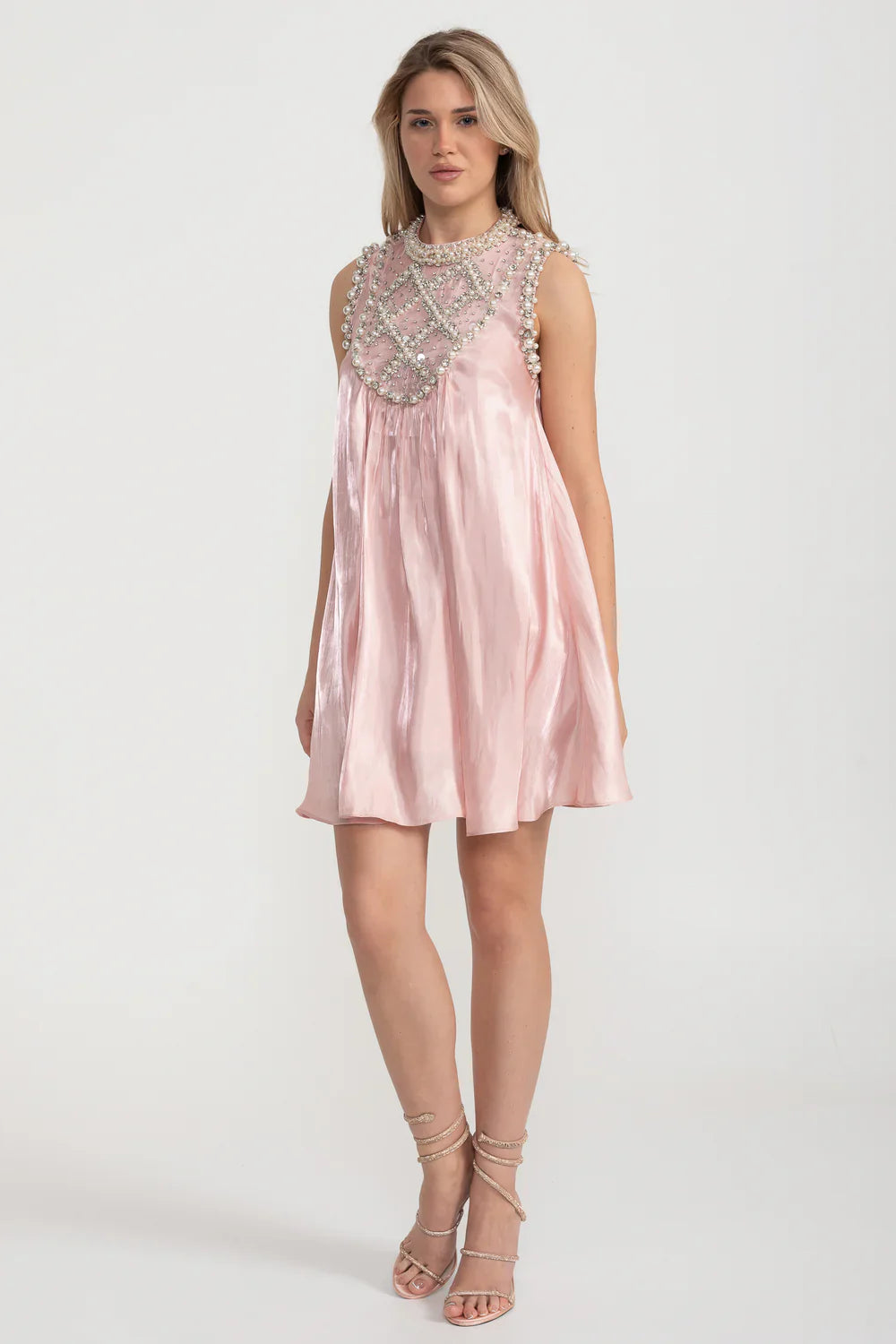 Elegant A-Line Sleeveless Dress With Intricate Pearl And Crystal Embellishments - Pink