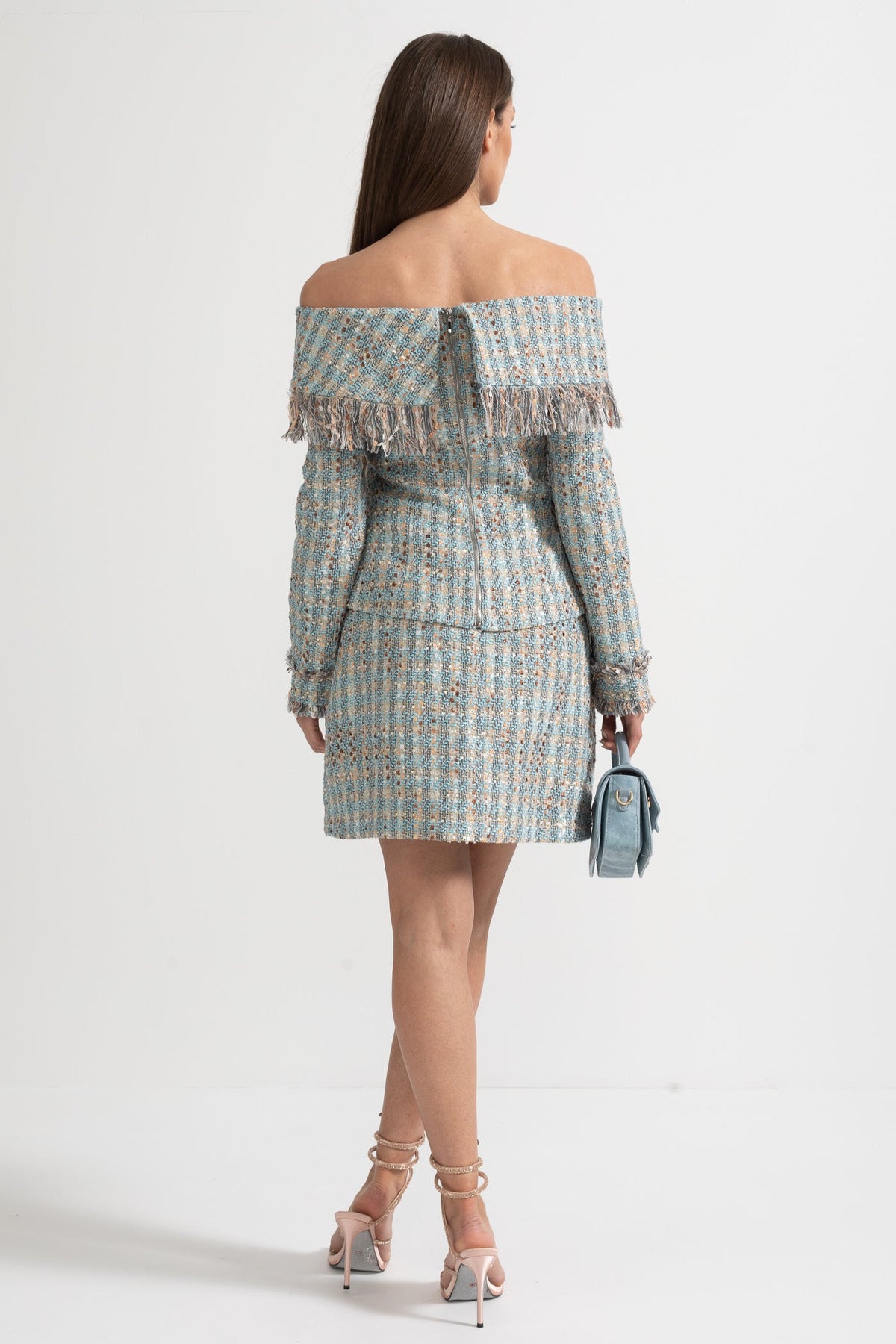 Plaid Tweed Set With Off-Shoulder Top And Coordinated Mini Skirt - Blue