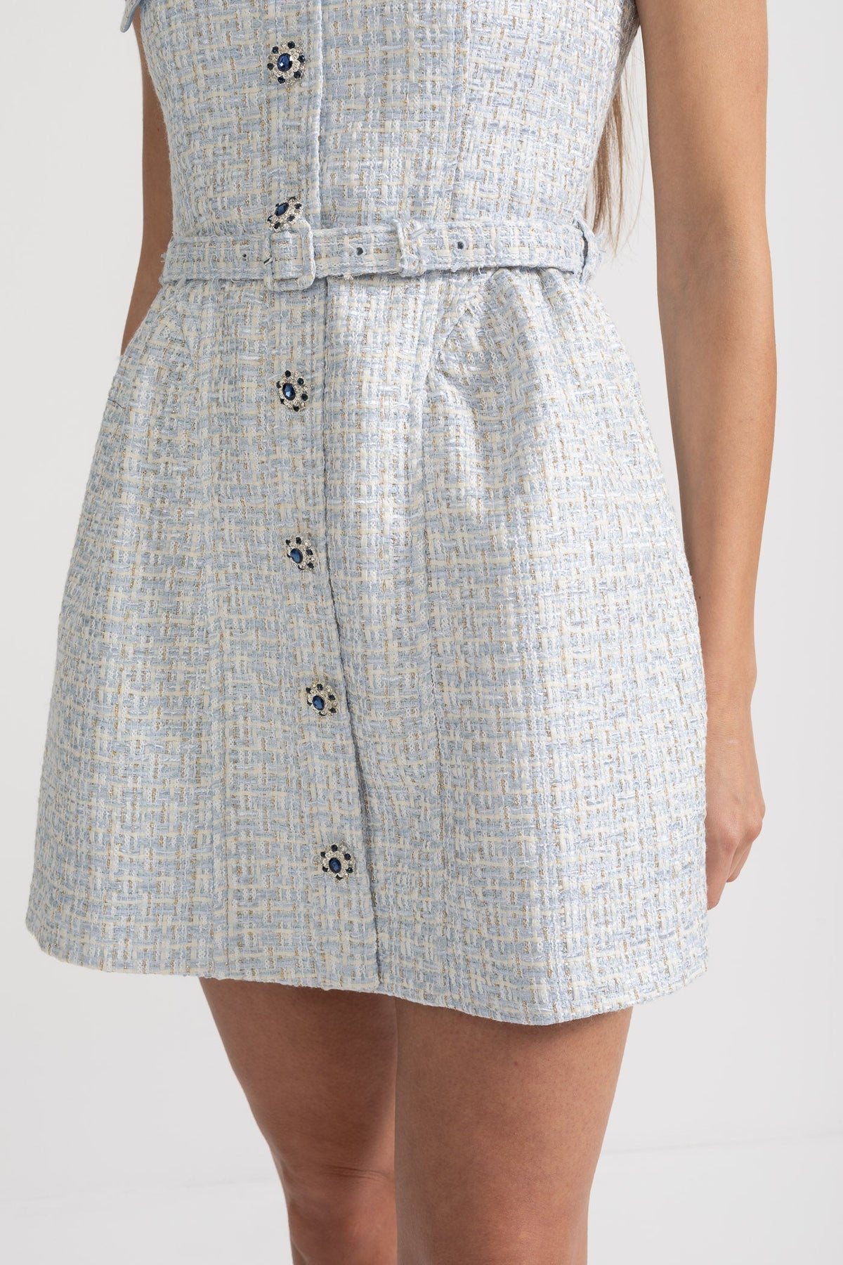 Textured Mini Dress With Fitted Bodice And Contrasting Buttons - Light Blue