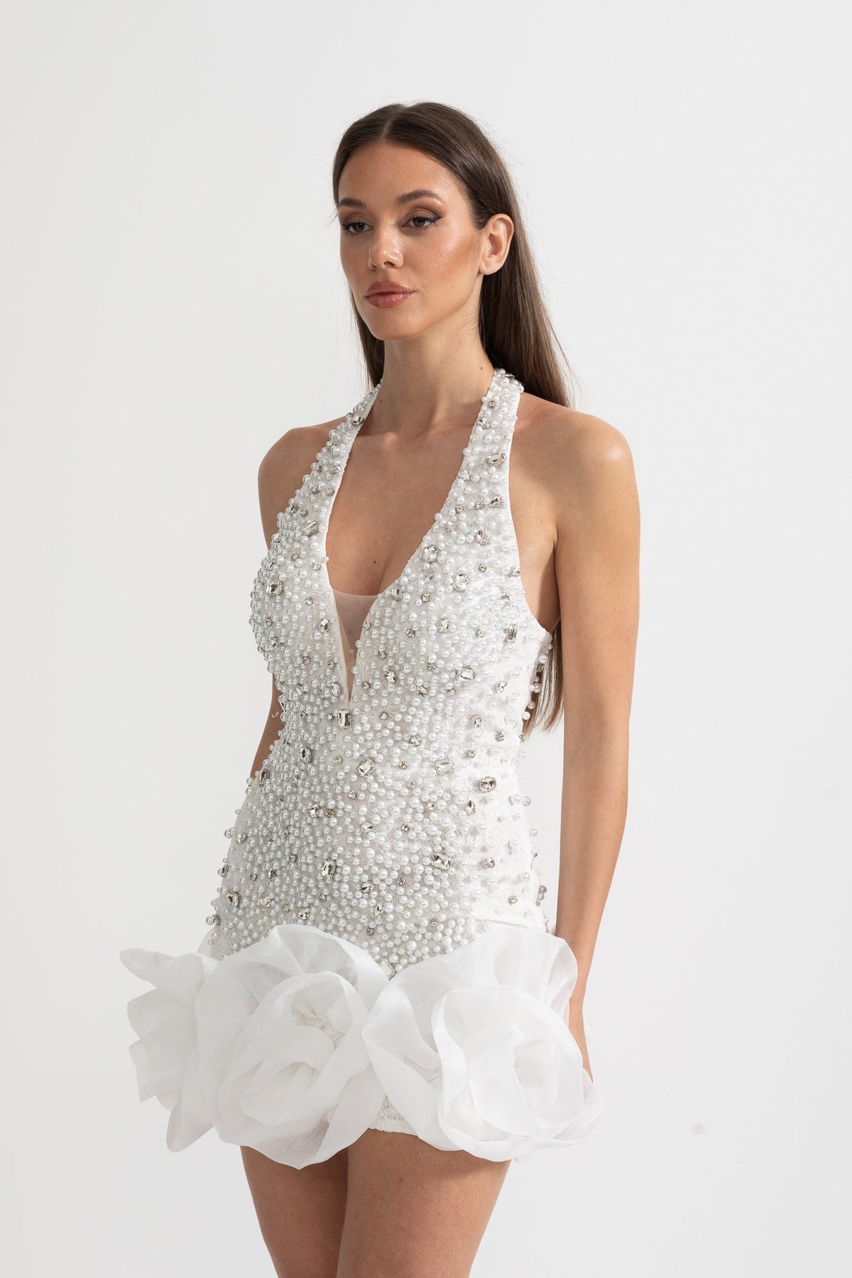 Sleeveless Mini Dress With Deep V-Neckline And Intricate Pearl And Bead Embellishments - White
