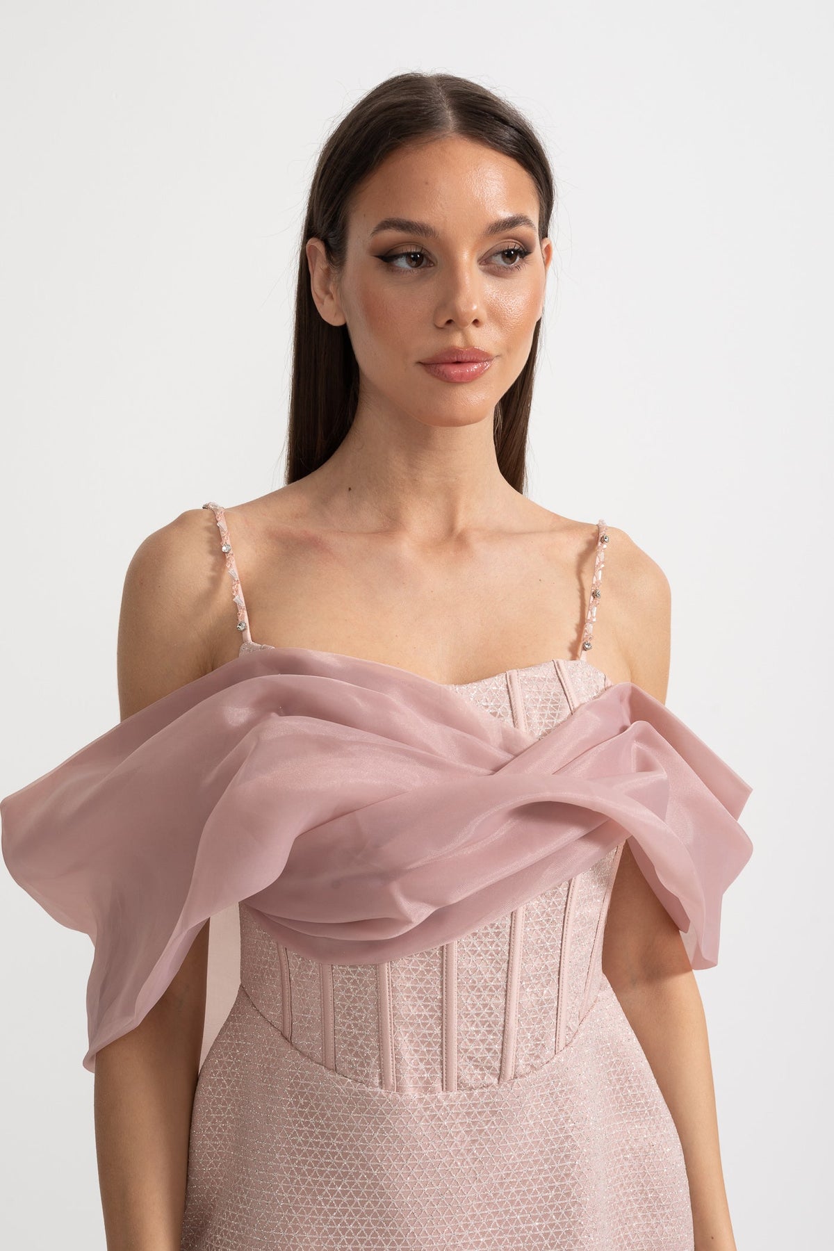 Mini Textured Dress With Fitted Bodice, Patterned Fabric And Sheer Draped Overlay - Pink