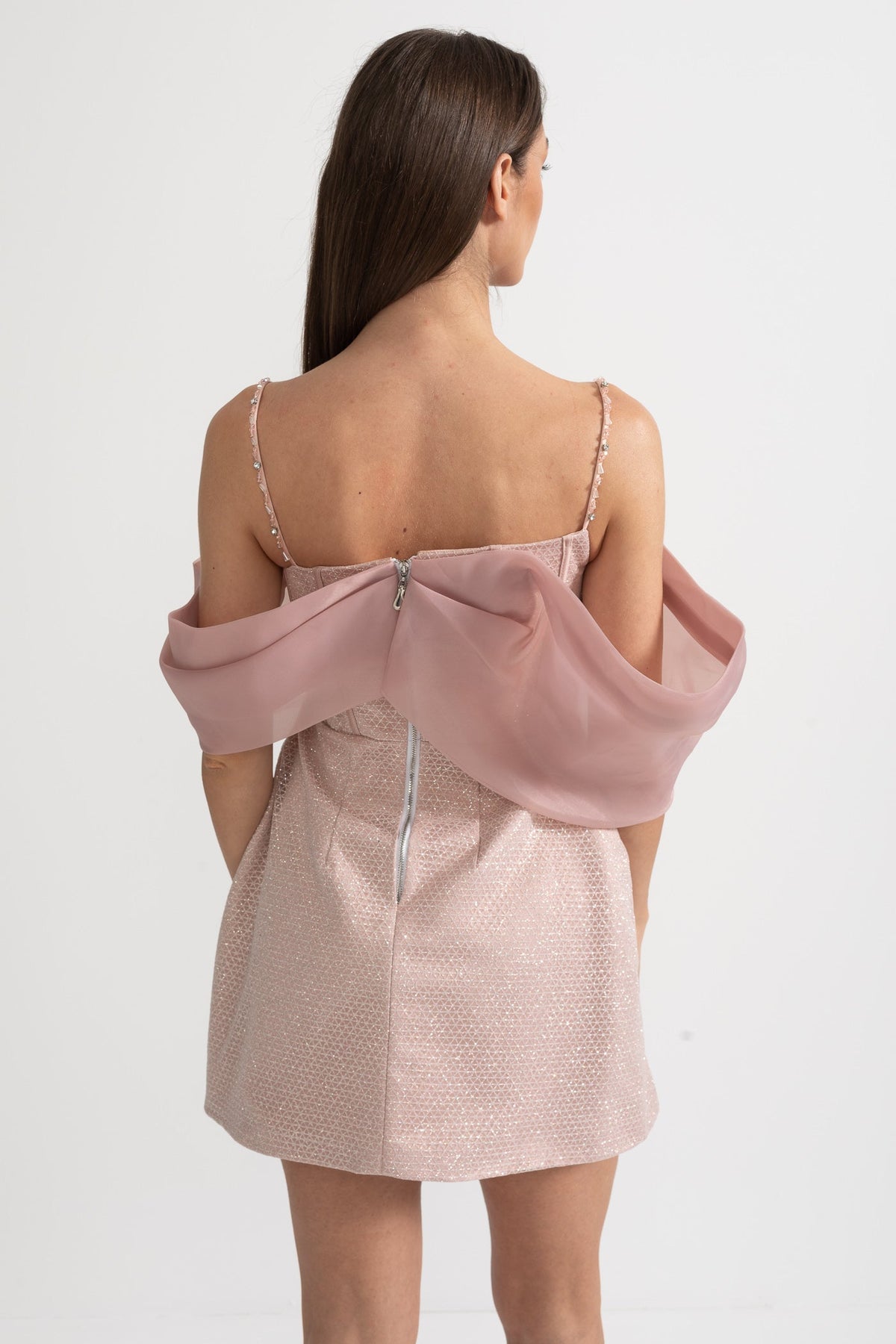 Mini Textured Dress With Fitted Bodice, Patterned Fabric And Sheer Draped Overlay - Pink