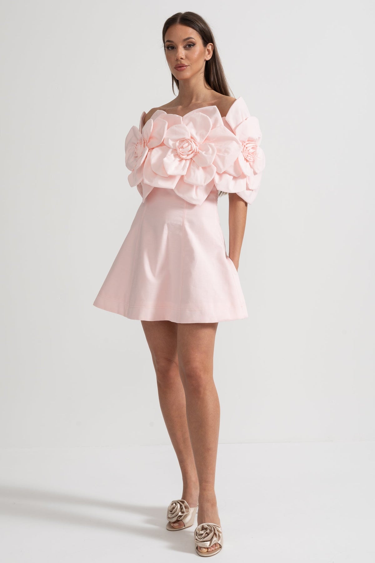 Off-Shoulder Mini Dress With Large Fabric Floral Accents - Pink
