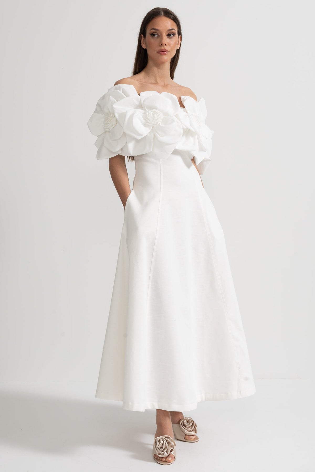 Off-Shoulder Midi Dress With Large Fabric Floral Accents - White