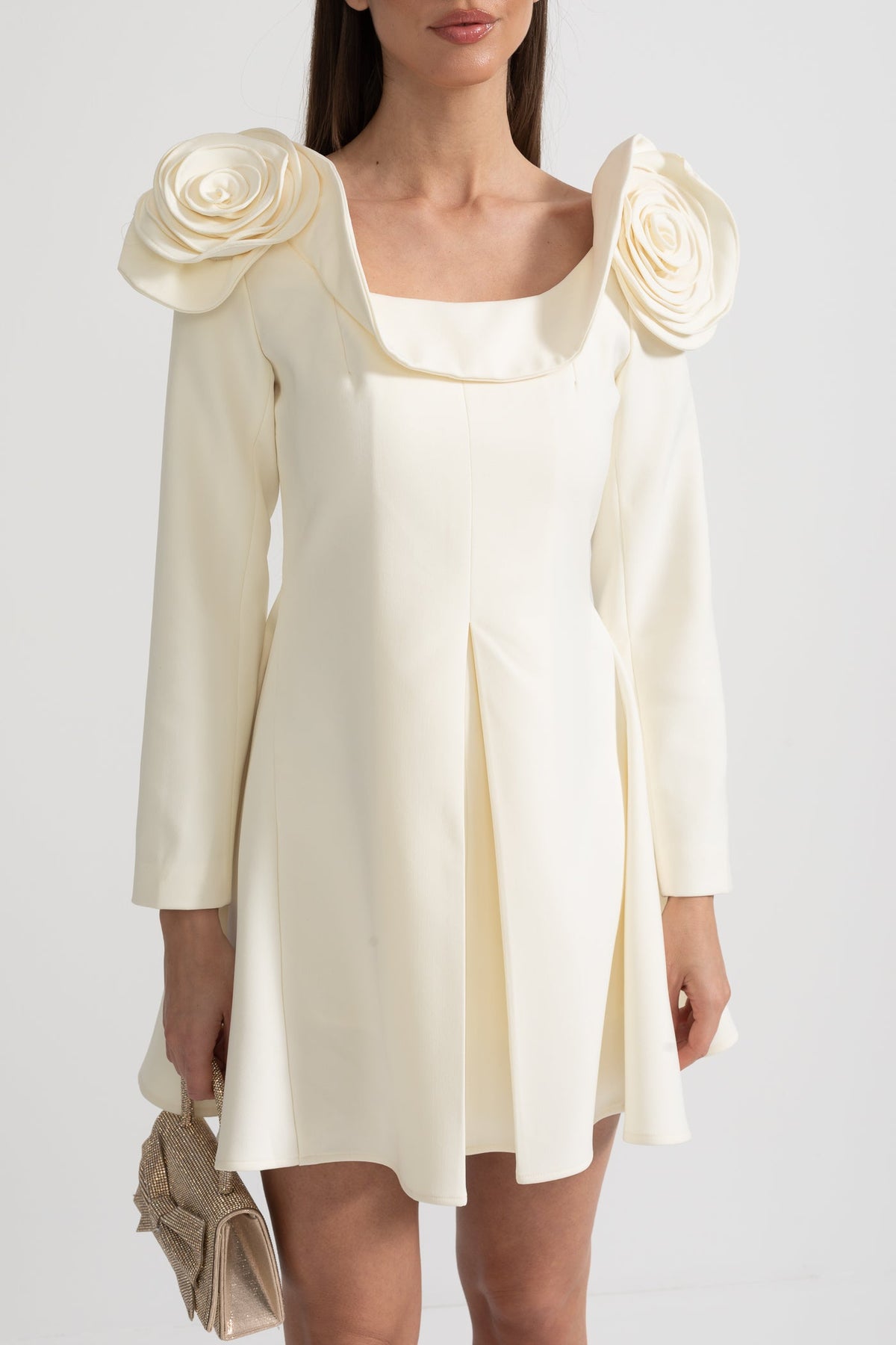 Elegant Mini Dress With Square Neckline, 3D Floral Appliques And Flared Skirt - Ivoire
