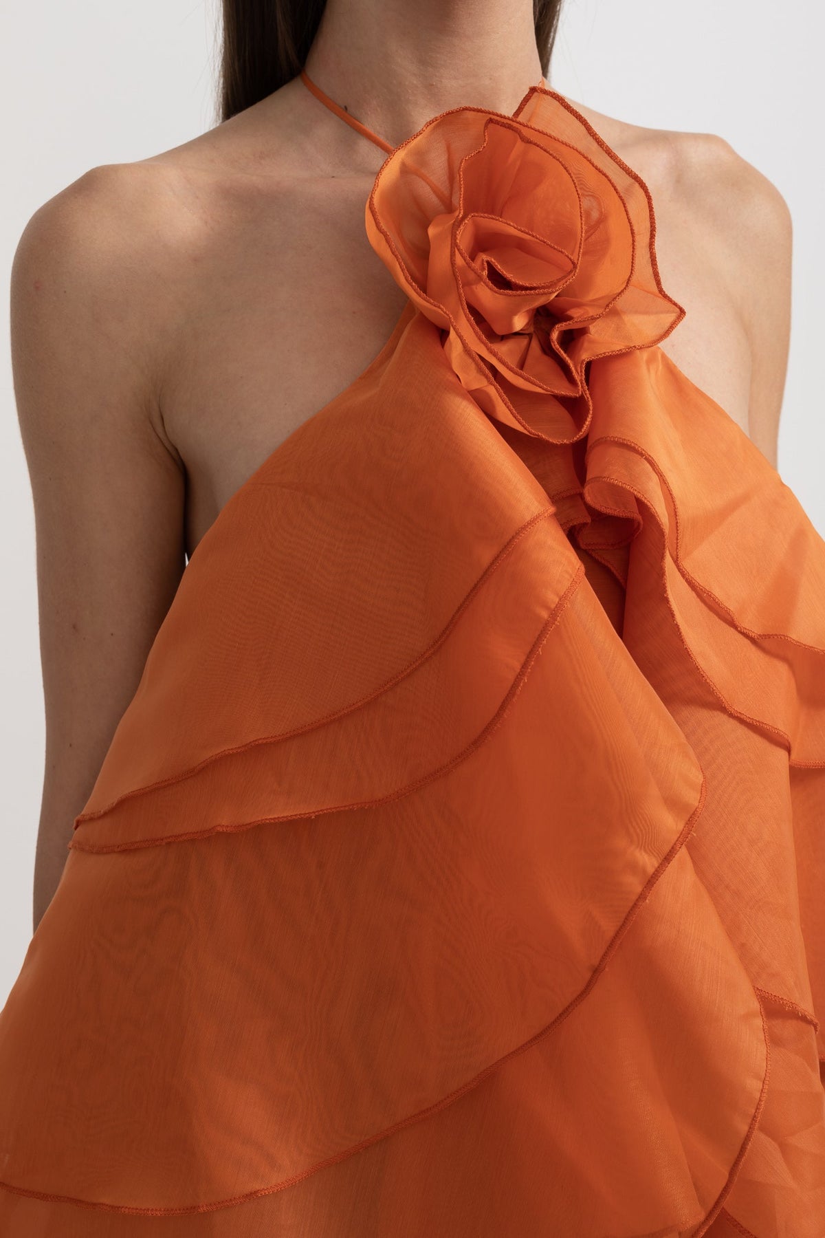 Layered Ruffle Halter Dress With Decorative Neckline Flower - Orange