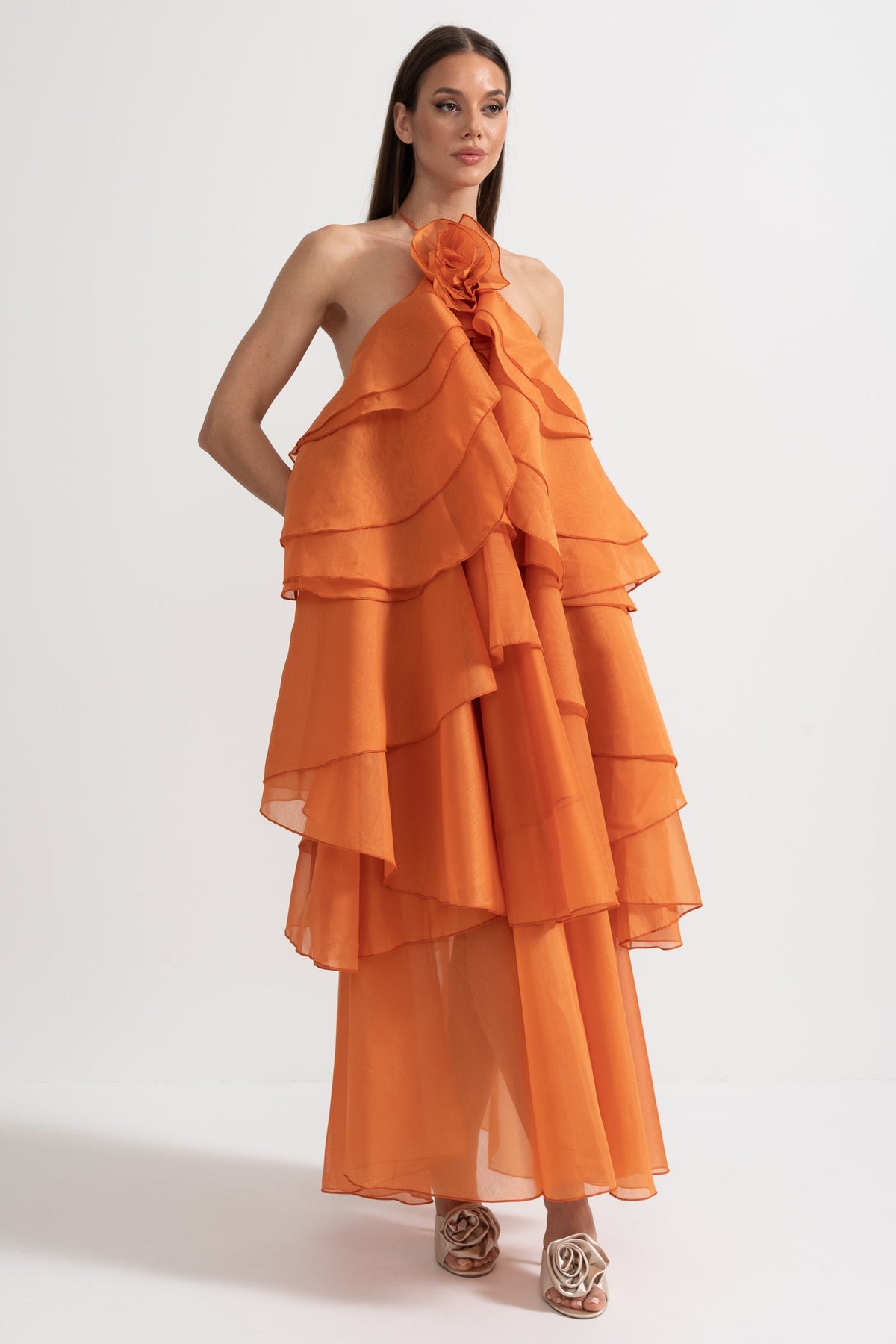 Layered Ruffle Halter Dress With Decorative Neckline Flower - Orange
