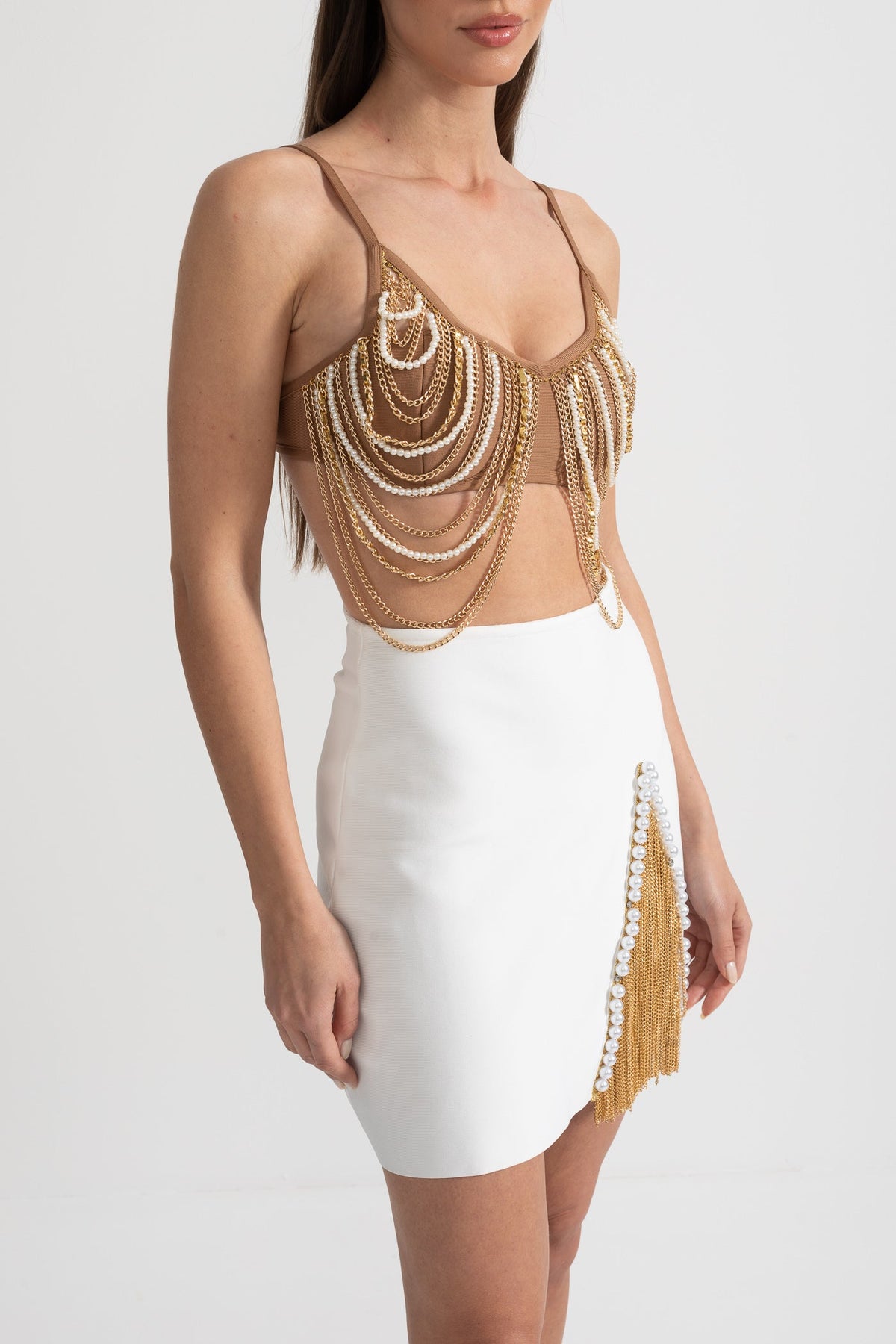 Pearls And Chains Embellished Set With Contrasting Top And Mini Skirt - Gold/White