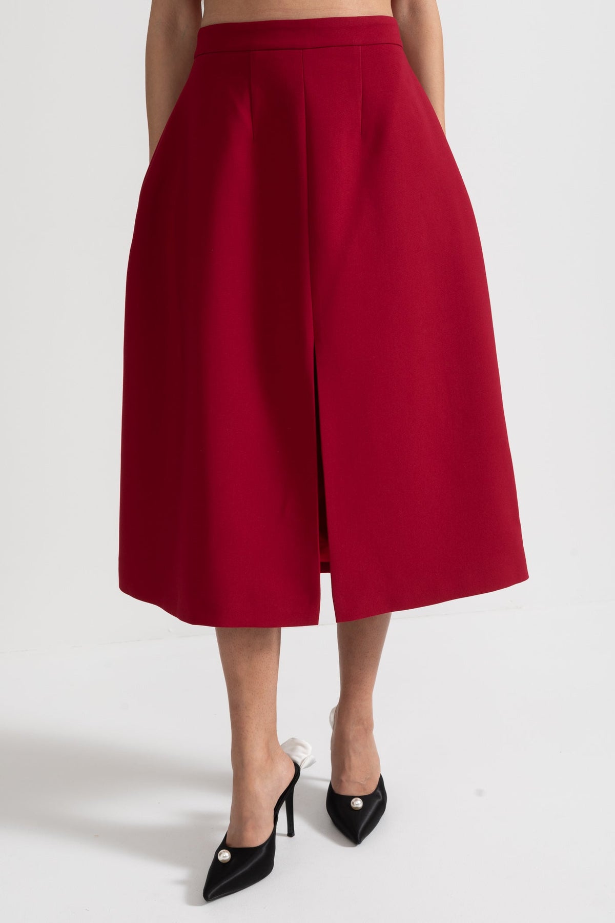 Off-Shoulder Set With Pleated Detail Top And Midi Skirt With Front Slit Accent - Red