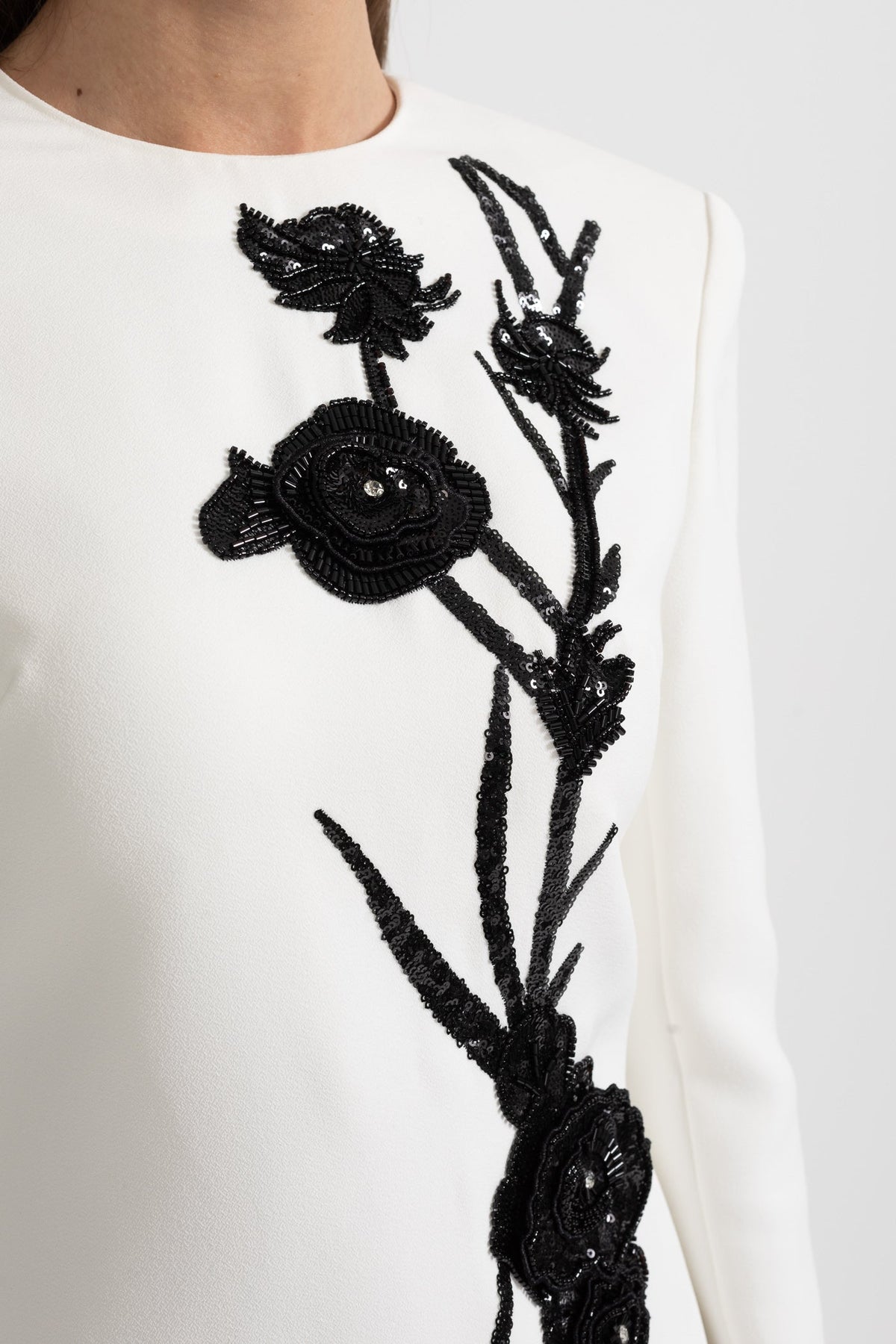 Long Sleeved Mini Dress With Contrasting Floral Embroidery - White