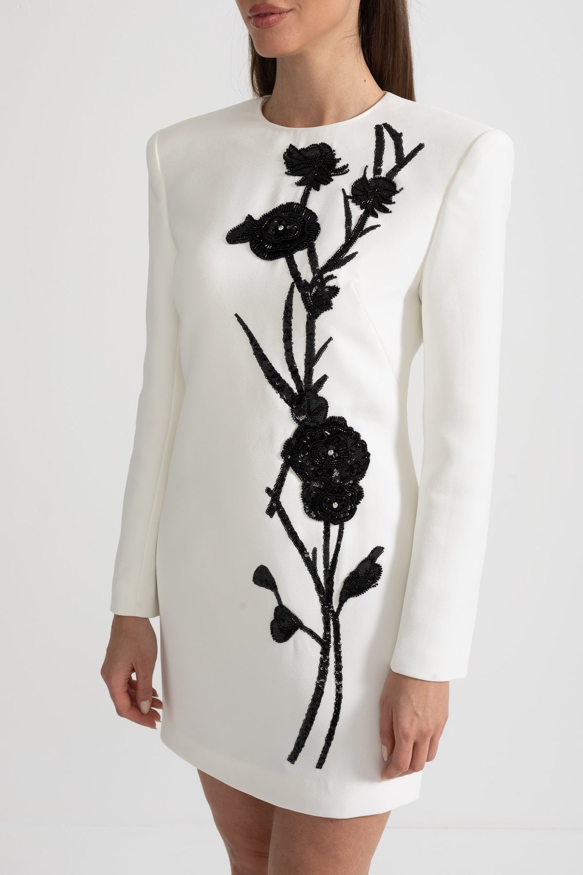 Long Sleeved Mini Dress With Contrasting Floral Embroidery - White