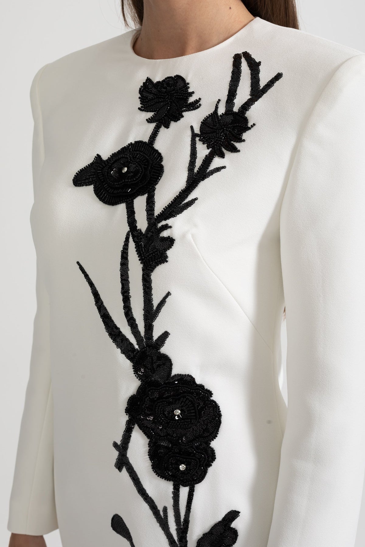 Long Sleeved Mini Dress With Contrasting Floral Embroidery - White