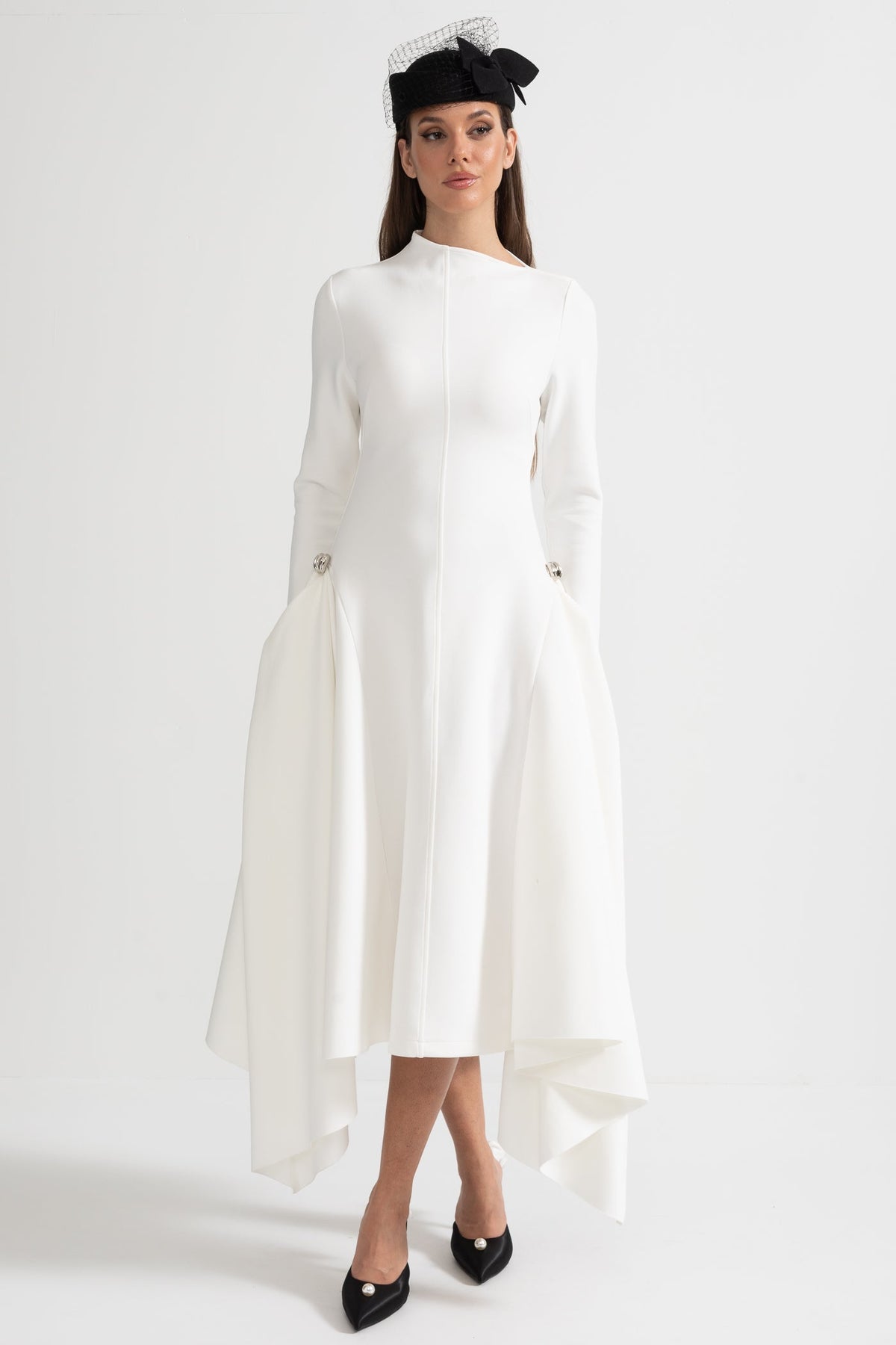 Long-Sleeved Dress With Asymmetrical Hem And Structured Silhouette - White
