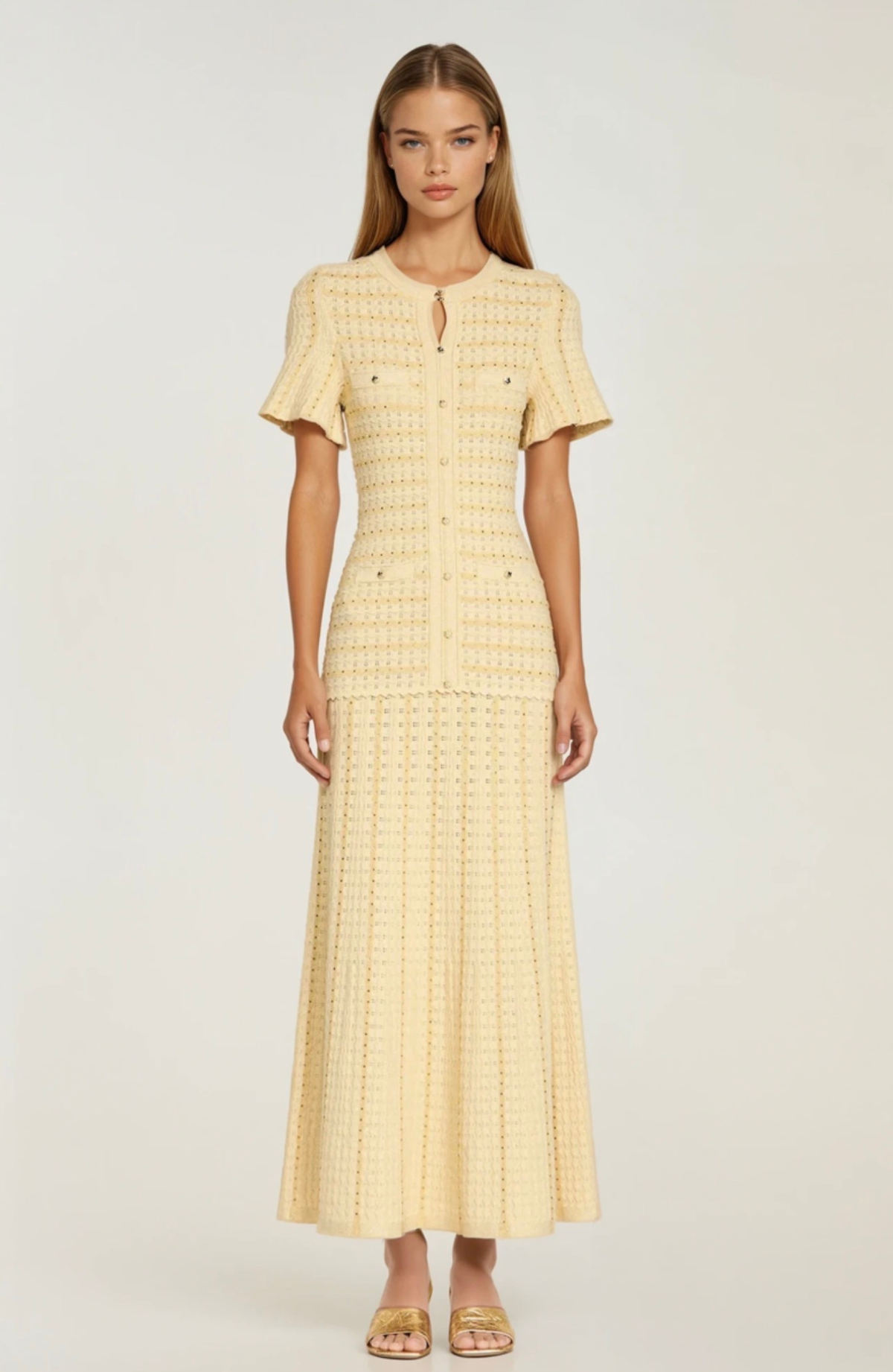 Sandro Victoire Rhinestone Knit Maxi Dress in - Gold