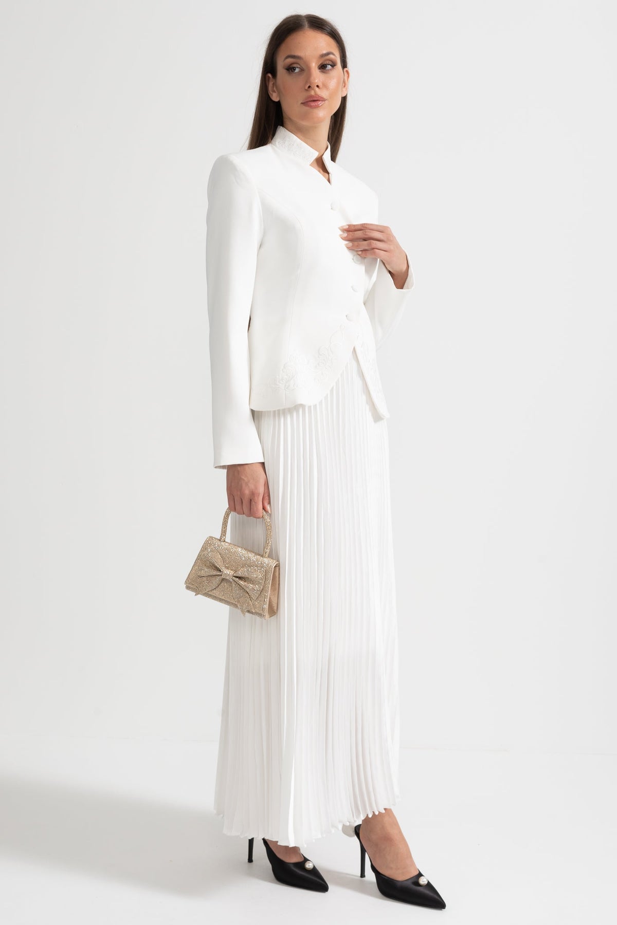 Pleated Skirt and Structured Jacket Co-Ord Set With Decorative Stitching - White