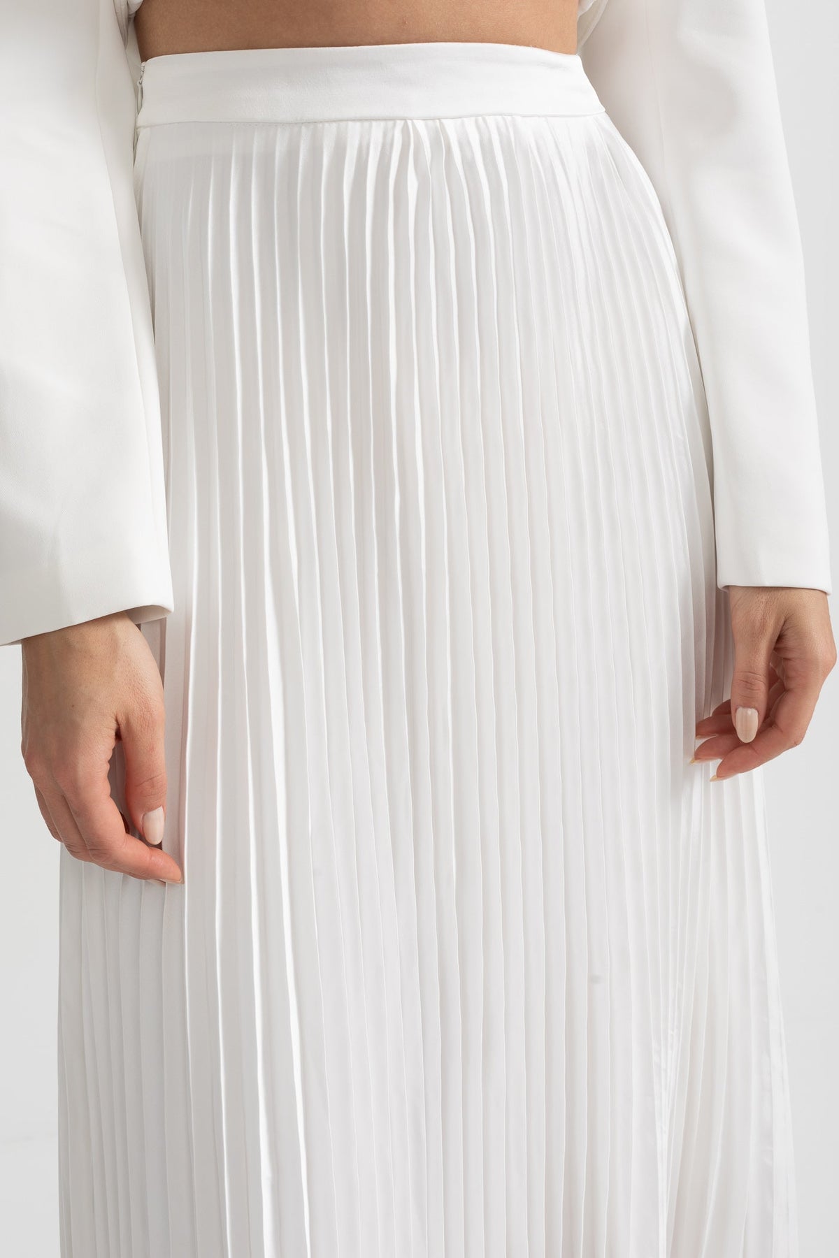 Pleated Skirt and Structured Jacket Co-Ord Set With Decorative Stitching - White
