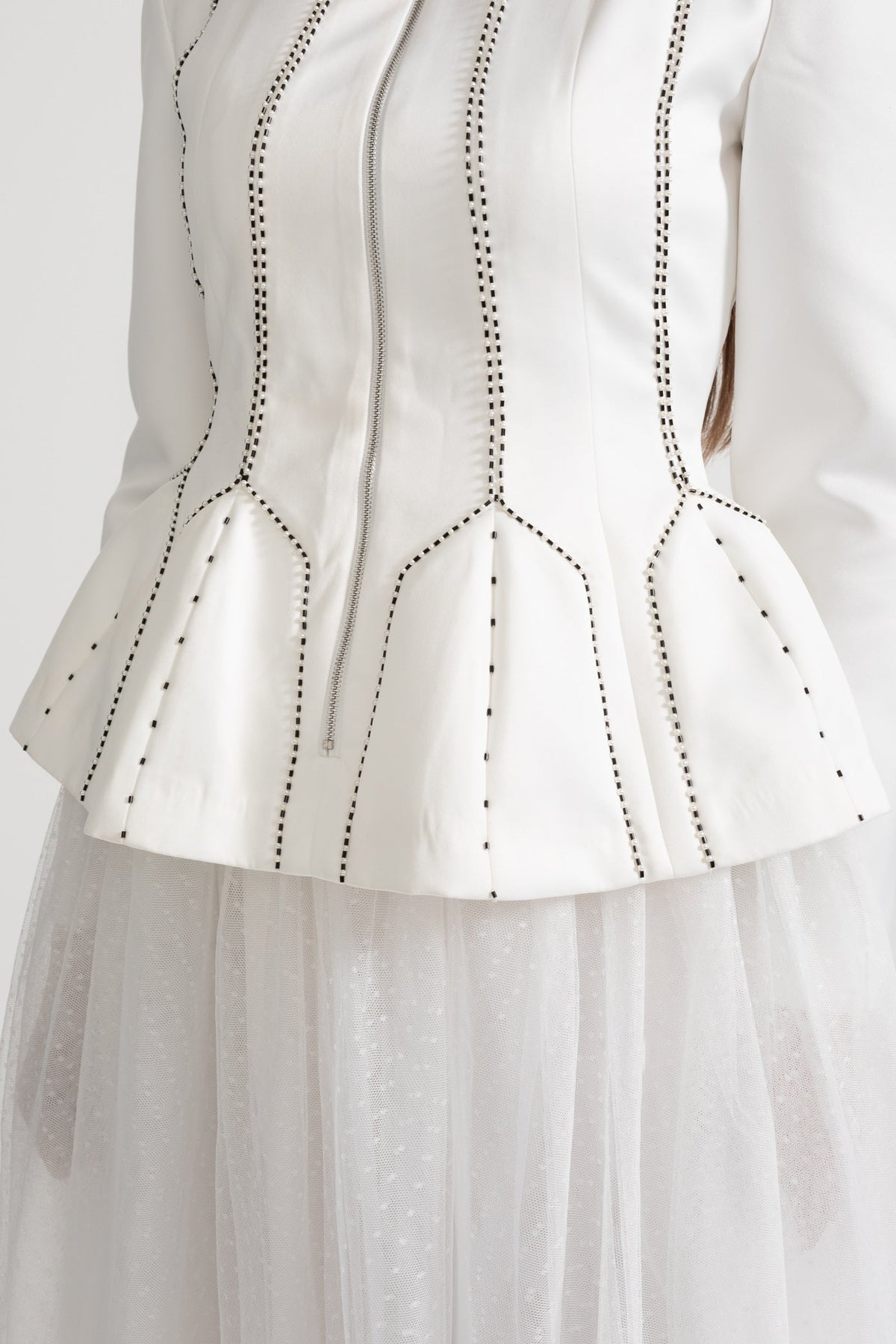 Peplum Jacket and Sheer Tulle Skirt Co-Ord Set with Structured Seams - White