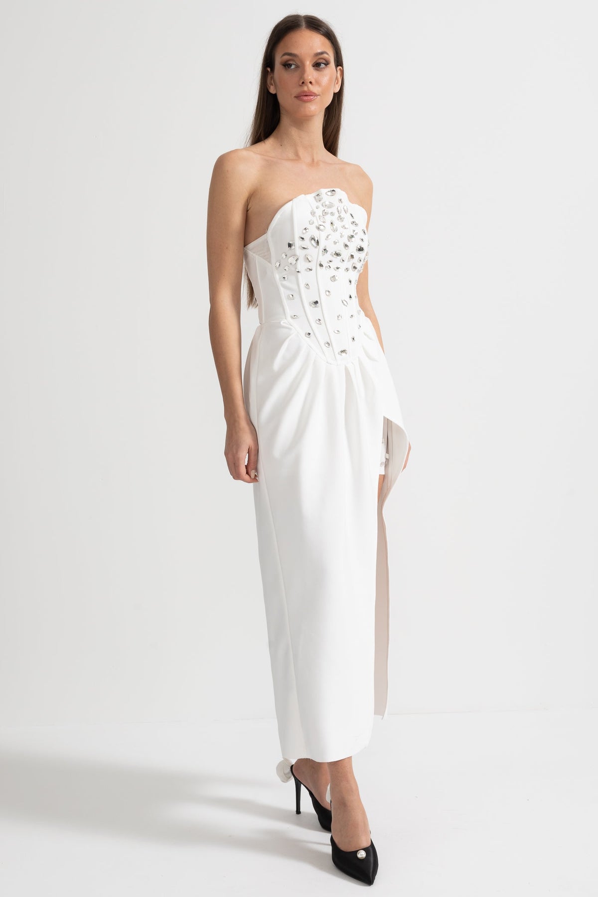 Elegant Satin Gown With Side Slit And Crystal Adornments - White