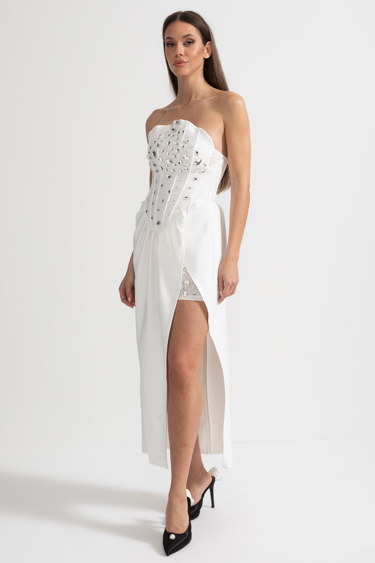 Elegant Satin Gown With Side Slit And Crystal Adornments - White