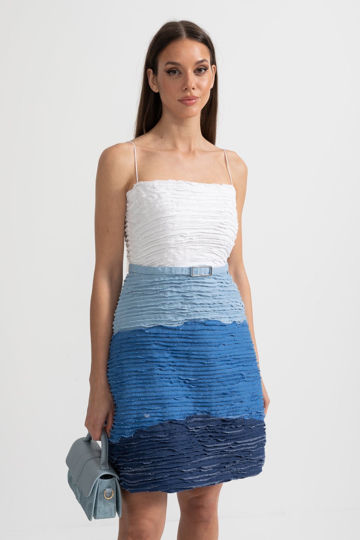 Ombre Mini Dress with Textured Layered Fabric - White/Blue
