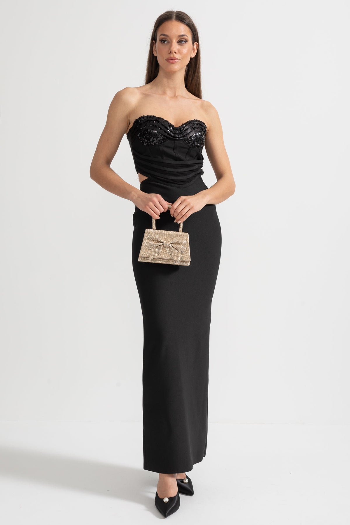 Sequin Bustier and Maxi Skirt Co-Ord Set with Side Cut-Outs - Black