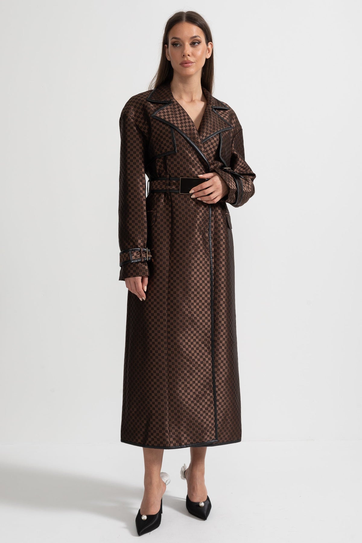 Wide Lapel Trench Coat With Gold Buckle Waist Belt - Brown