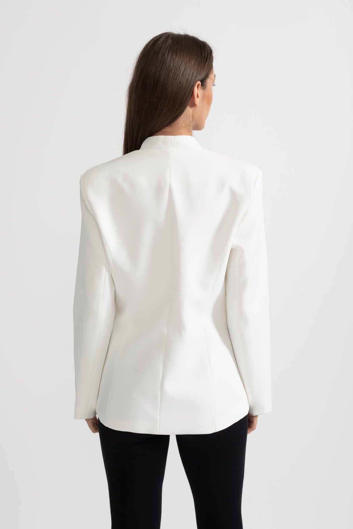 Tailored Blazer With Structured Shoulders And Silver Floral Clasps - White