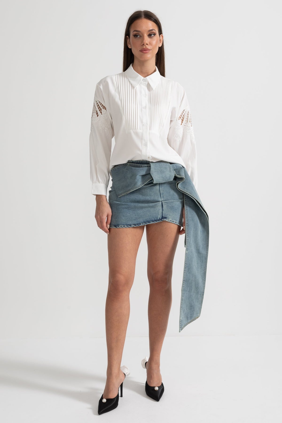 Denim Mini Skirt with Oversized Bow Detail - Blue