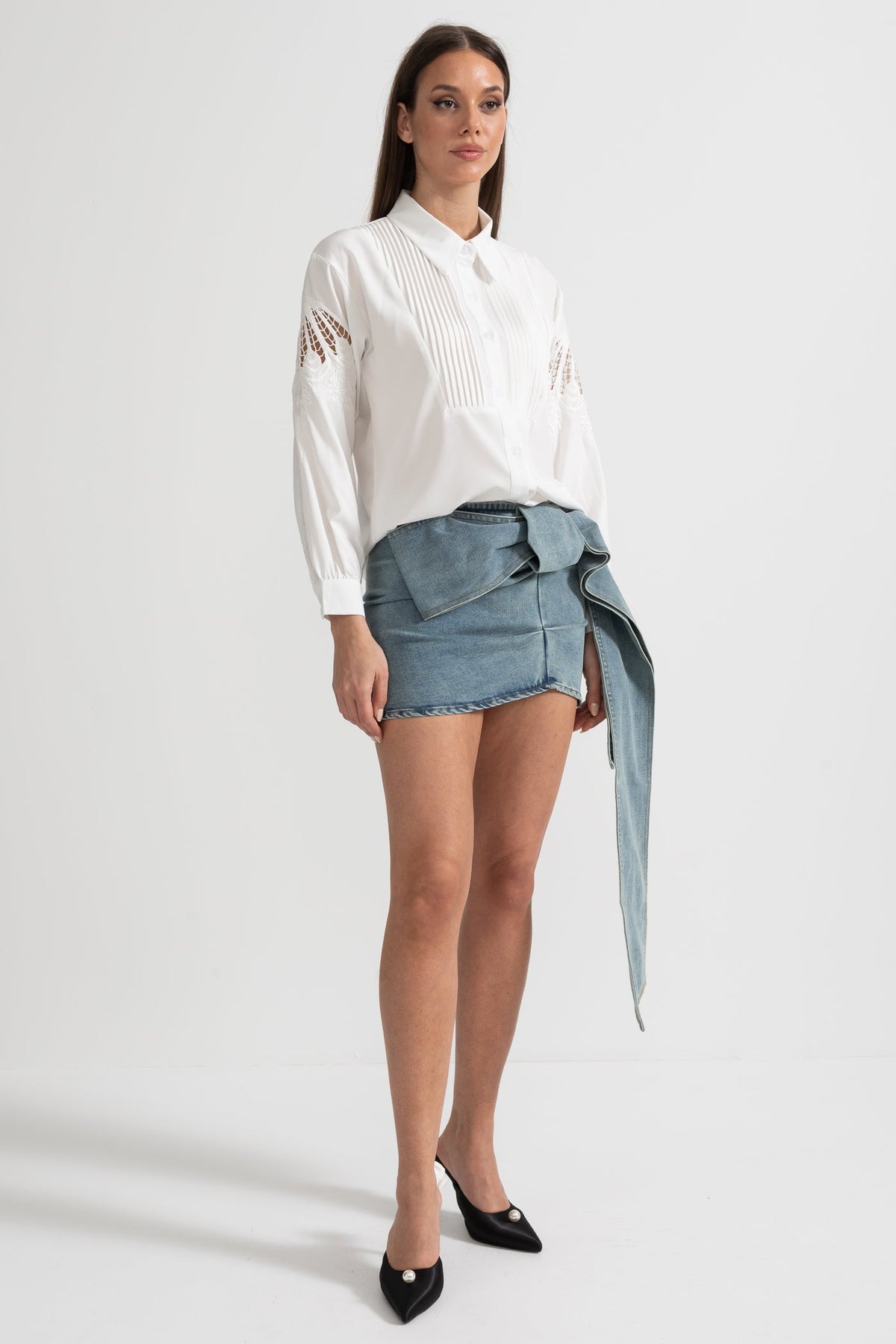 Denim Mini Skirt with Oversized Bow Detail - Blue