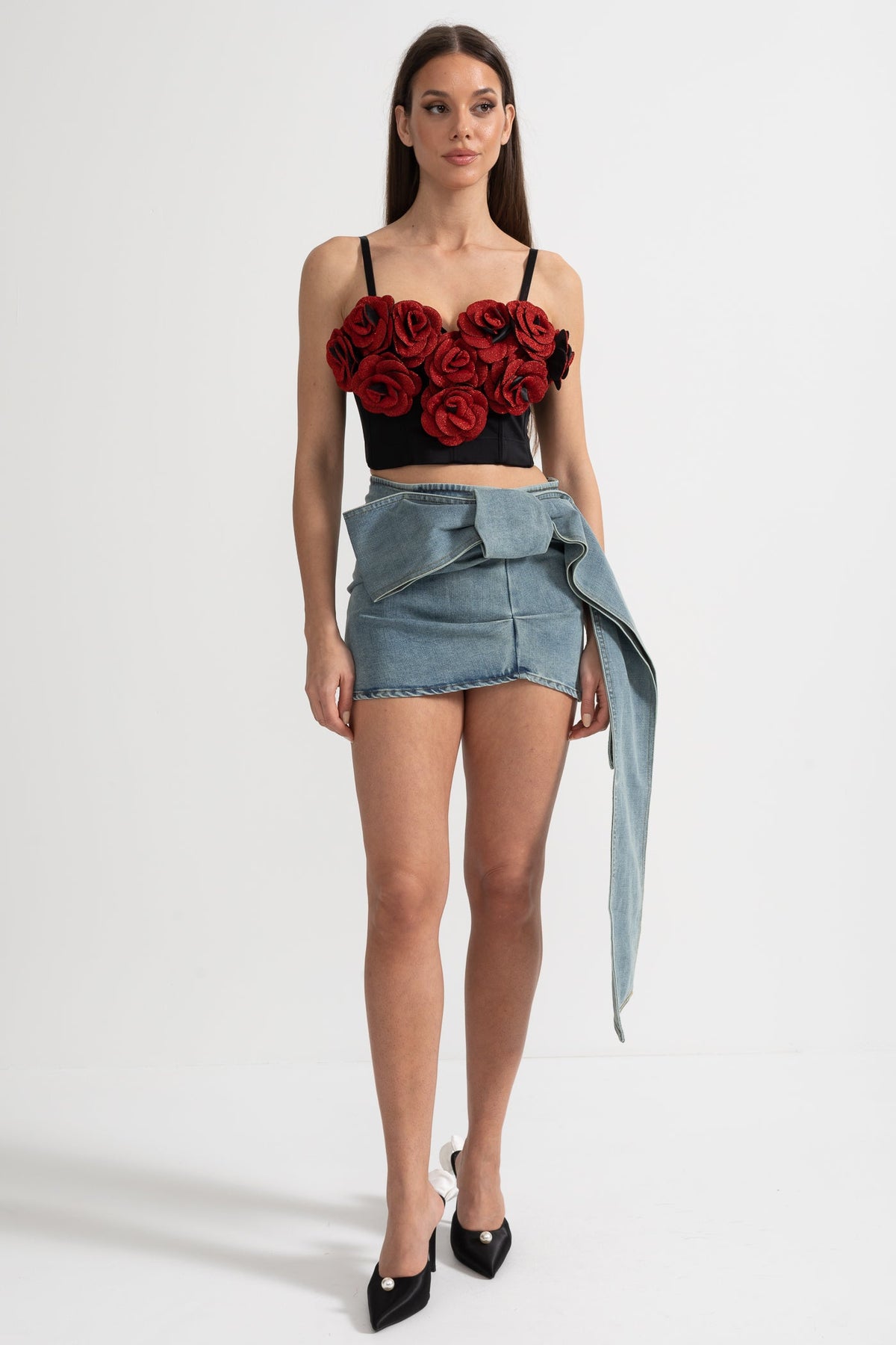 Corset Top with Red 3D Rose Appliqués - Black