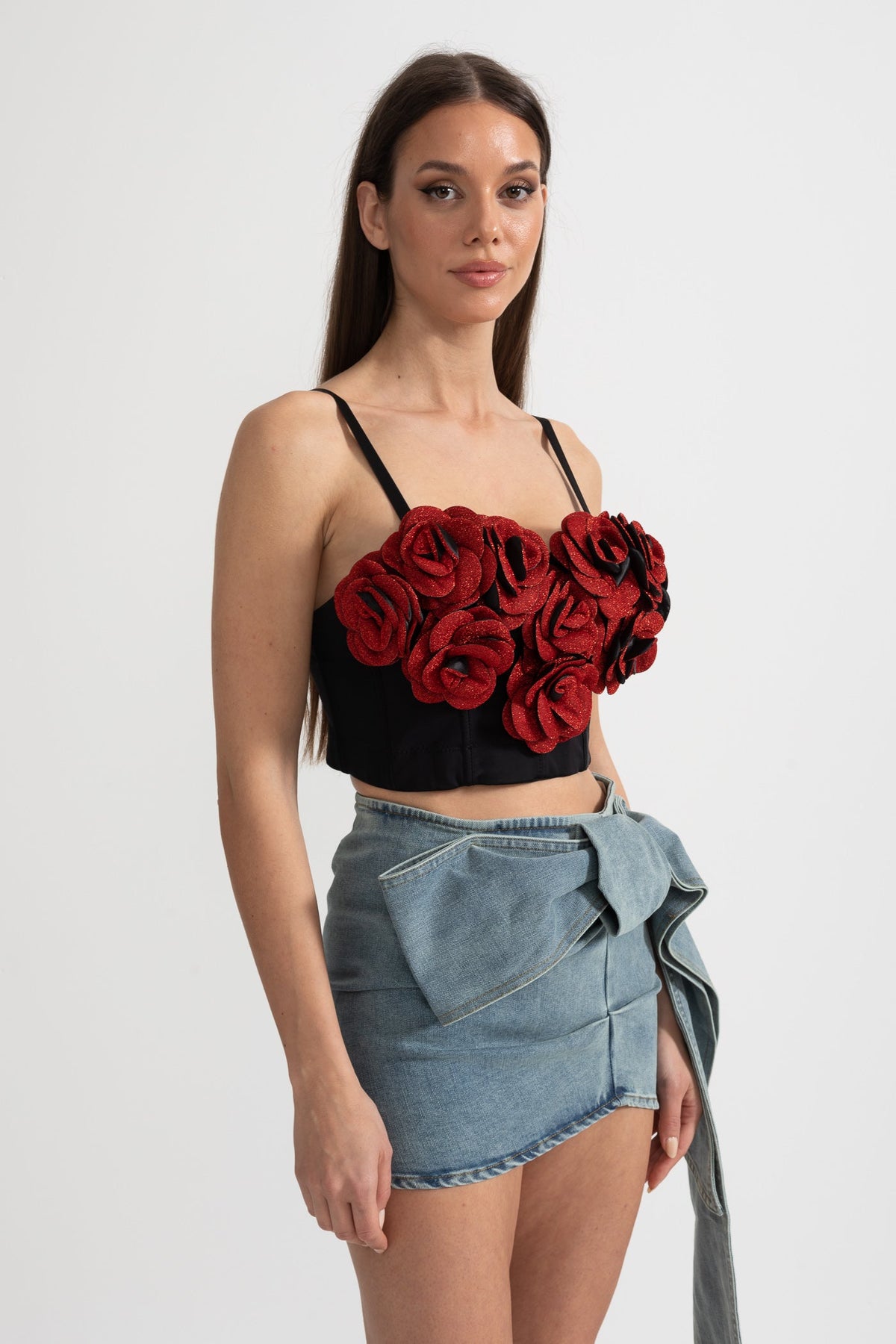 Corset Top with Red 3D Rose Appliqués - Black