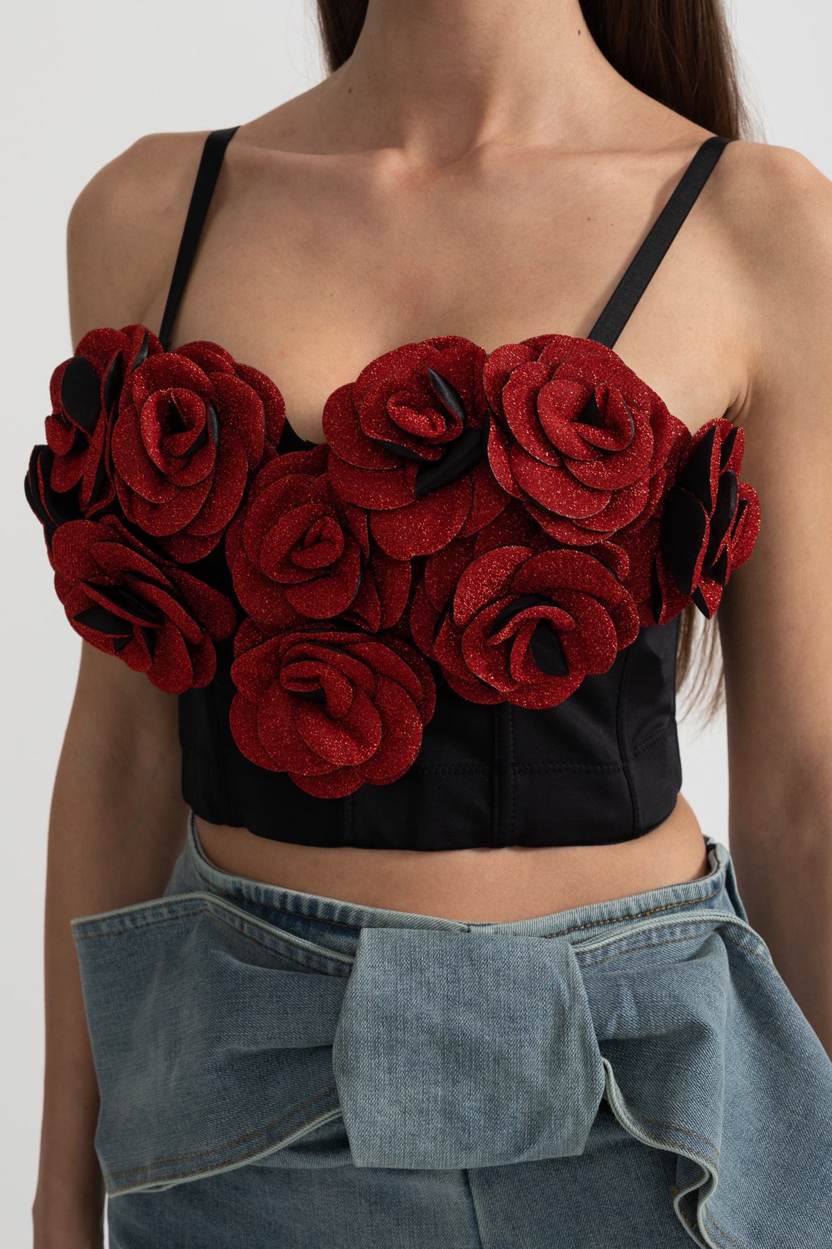 Corset Top with Red 3D Rose Appliqués - Black