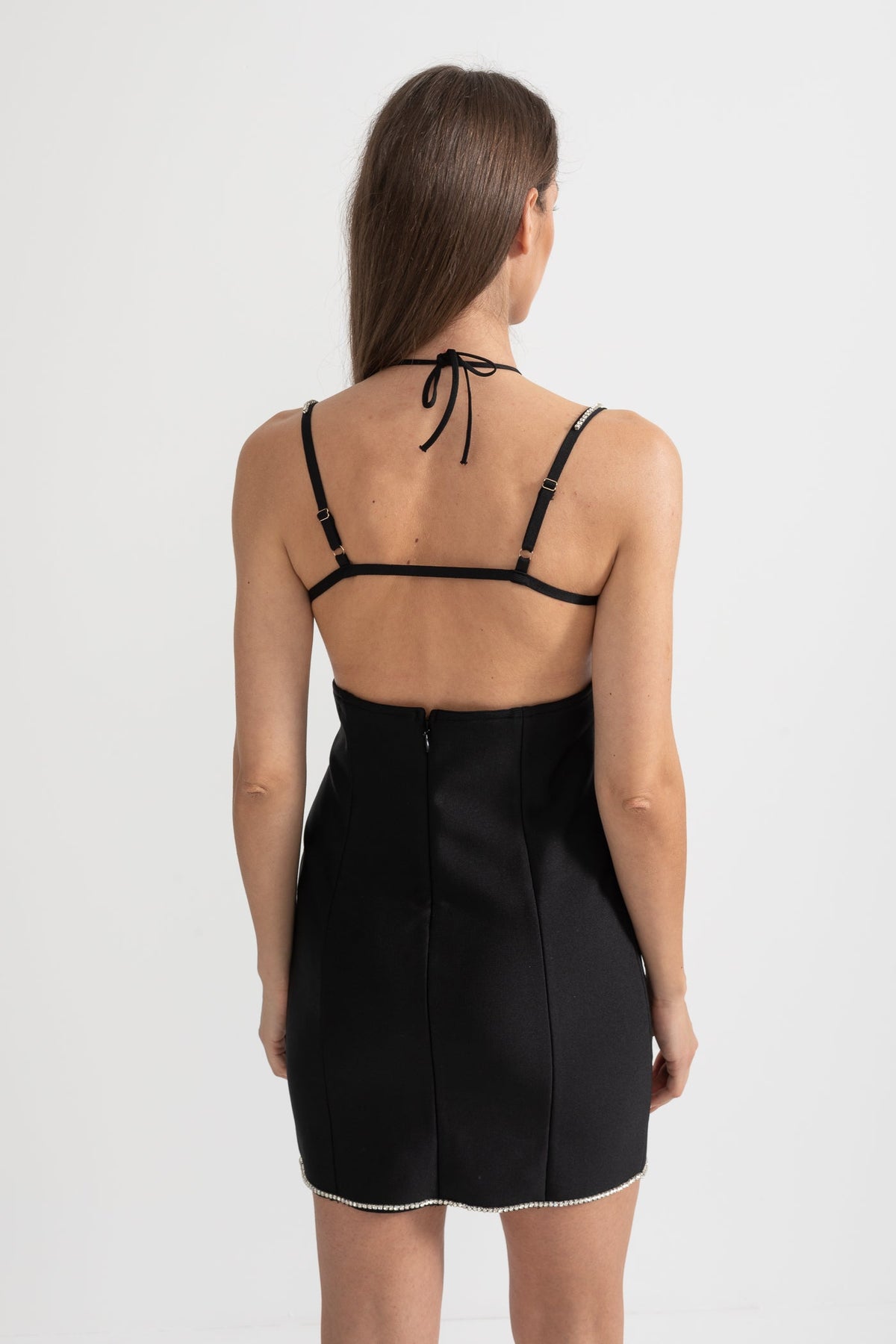 Mini Dress With Delicate Thin Straps And Crystal Heart Bodice Detailing - Black