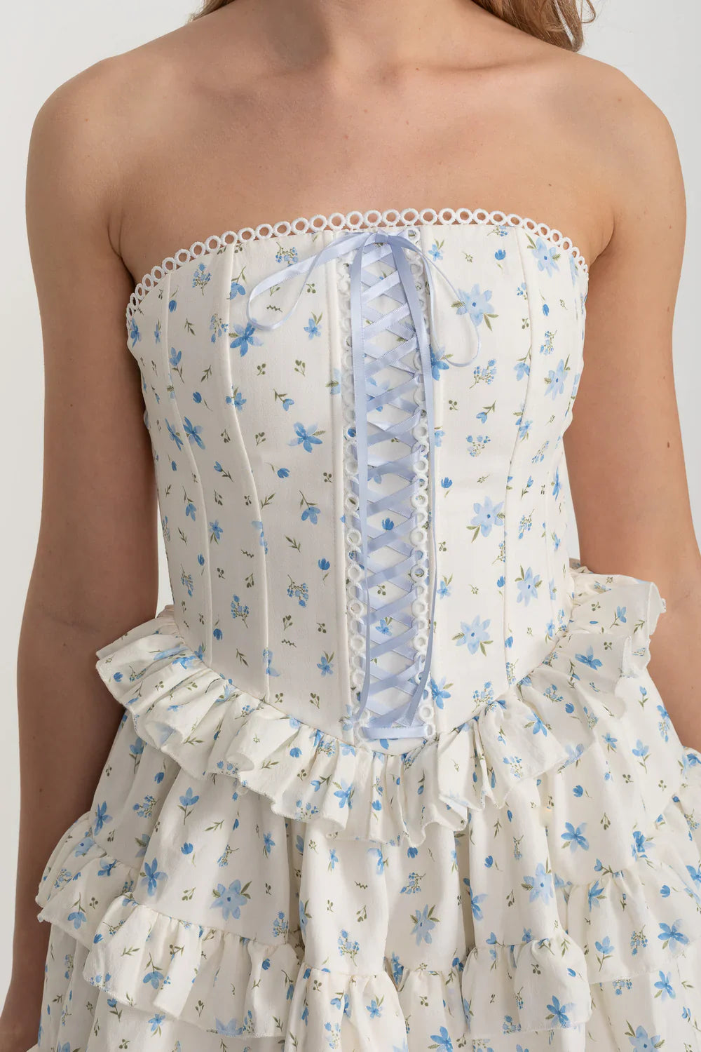 Corset Mini Dress With Ribbon Lacing Detail And Multi-Layered Ruffled Skirt - White/Blue
