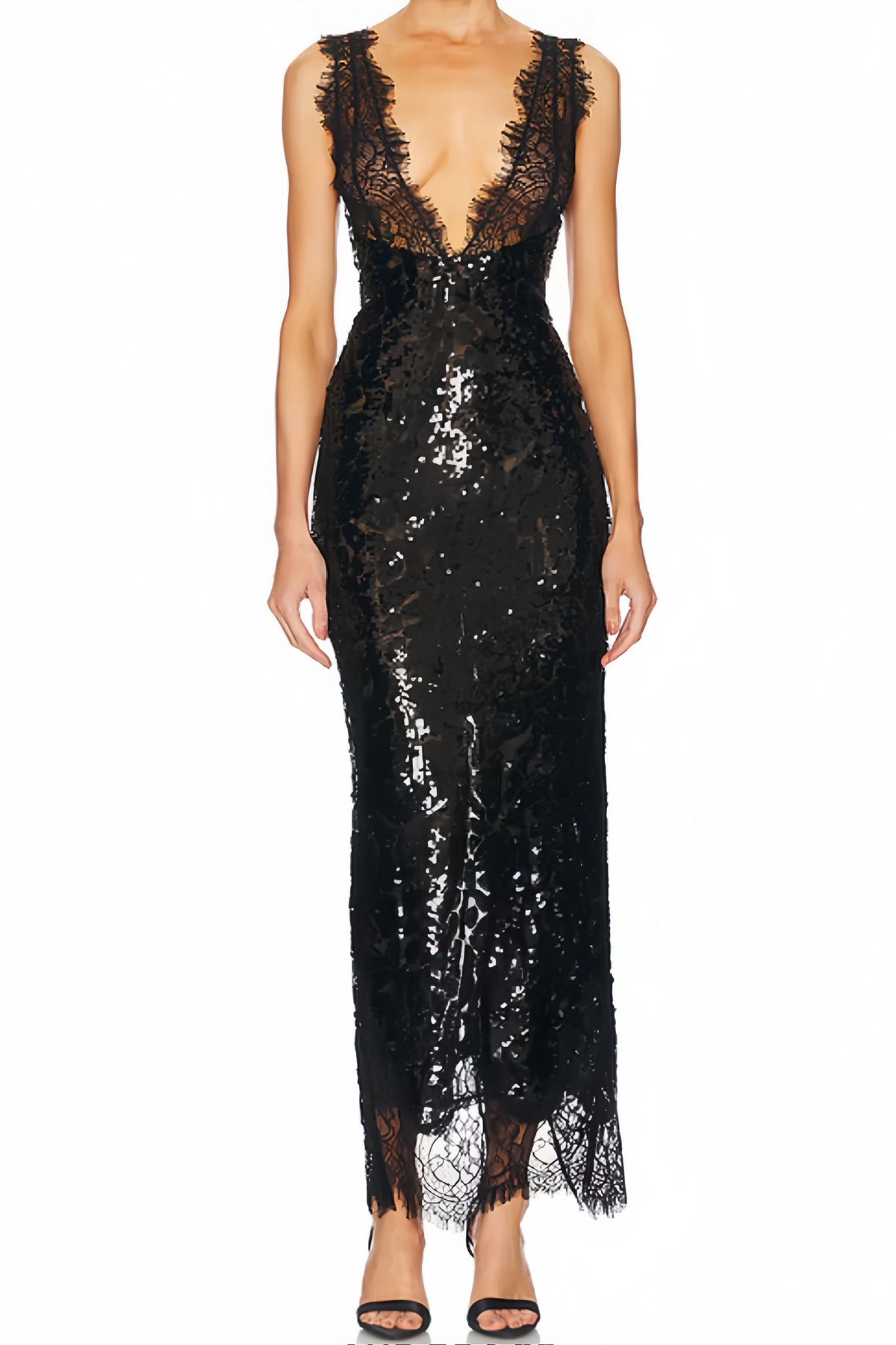 Ava Black Lace Panel Sequined Maxi Dress