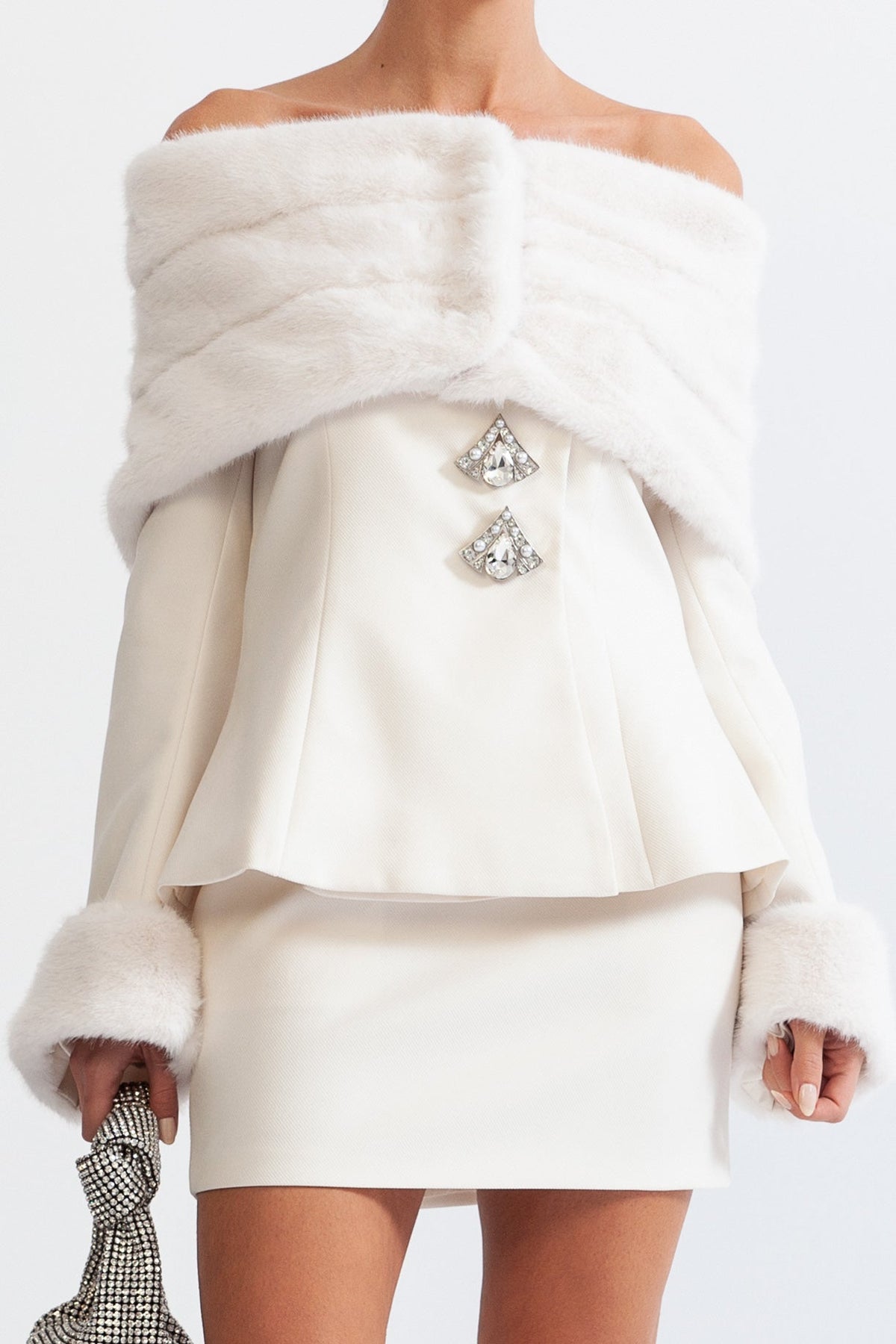 MANETTE Off The Shoulder Co-Ord with Faux Fur - White
