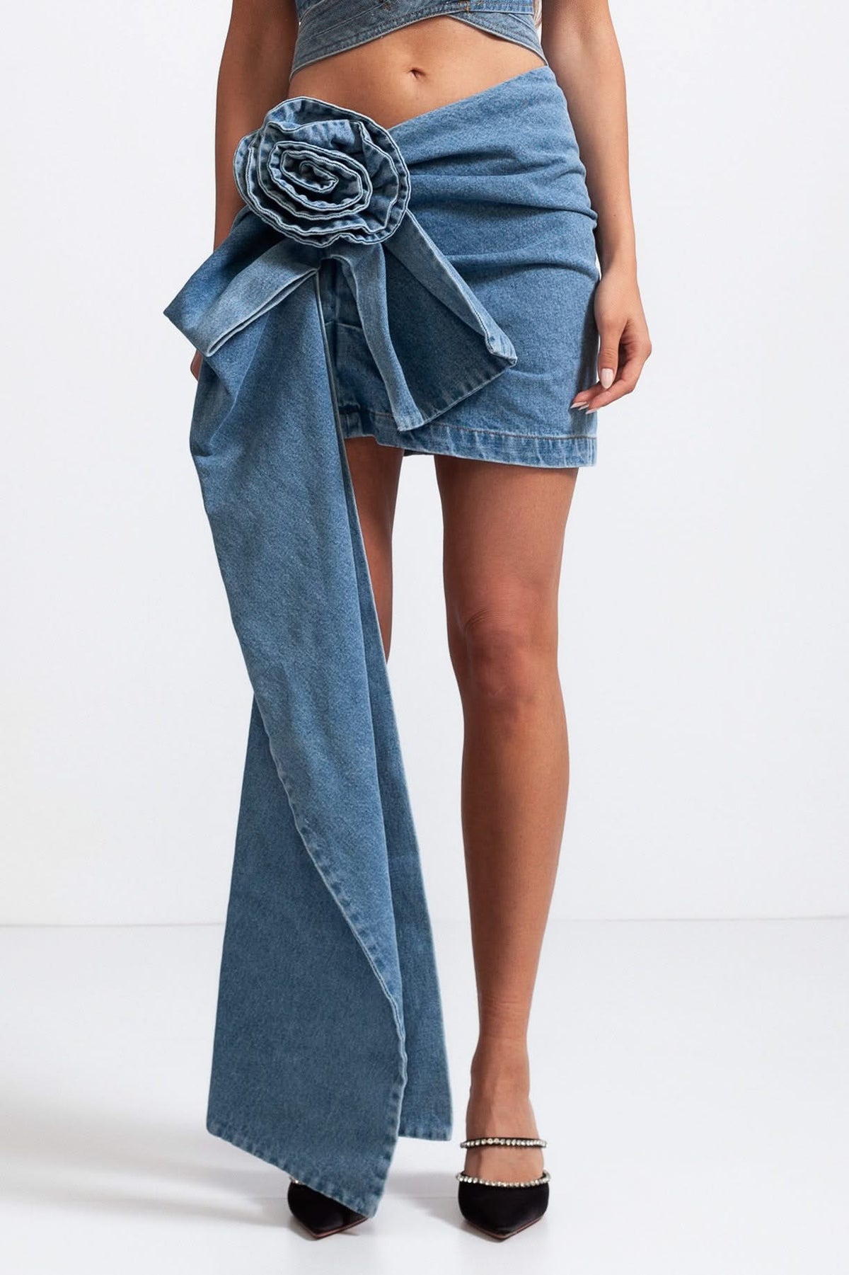 Asymmetrical Floral Denim Skirt - Blue