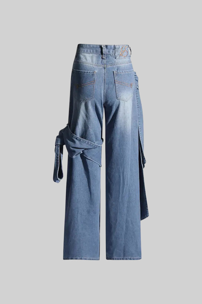 Wide Leg Jeans with Bow Details - Blue
