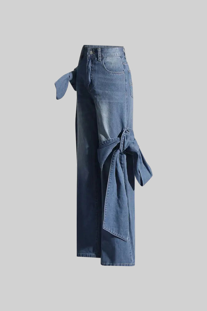 Wide Leg Jeans with Bow Details - Blue