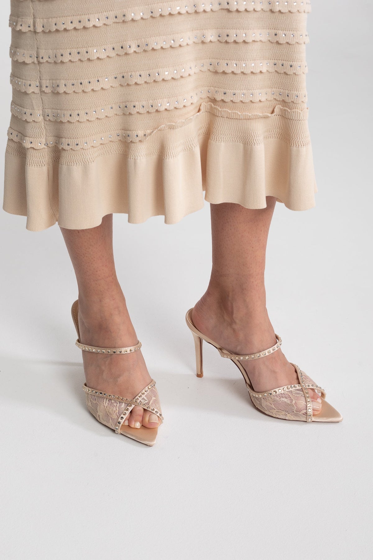 Crystal-Strap Lace Pointed-Toe Mules - Beige