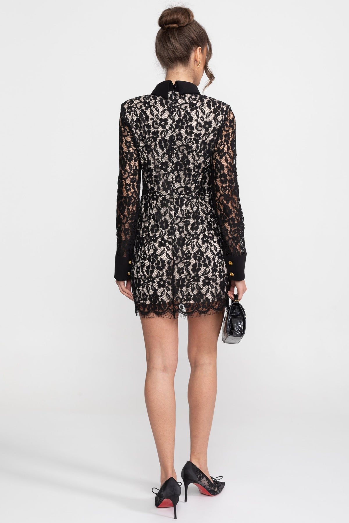 Long Sleeved Lace Mini Dress With Scallop Hem - Black