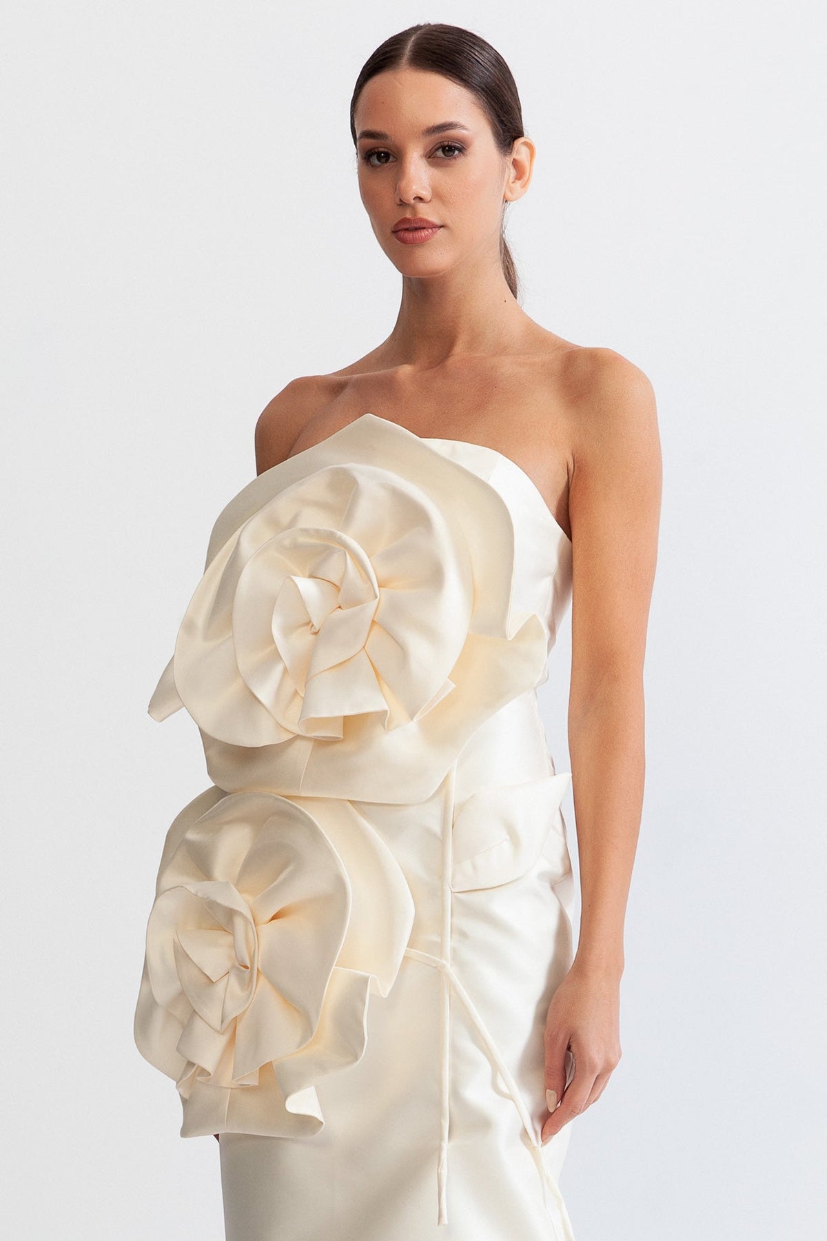 3D Voluminous Flower Design Midi Dress - Ivoire
