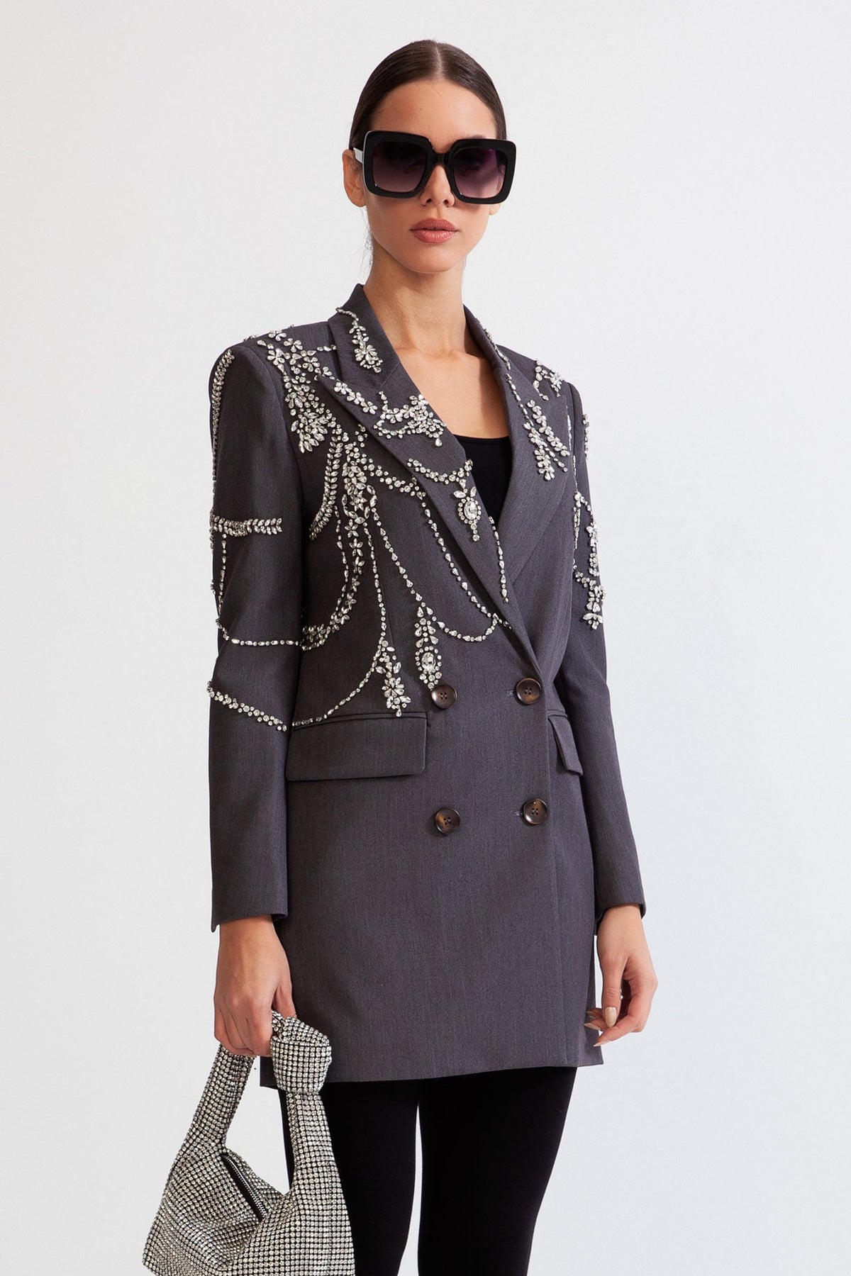 Double Breasted Long Blazer with Jewels - Grey