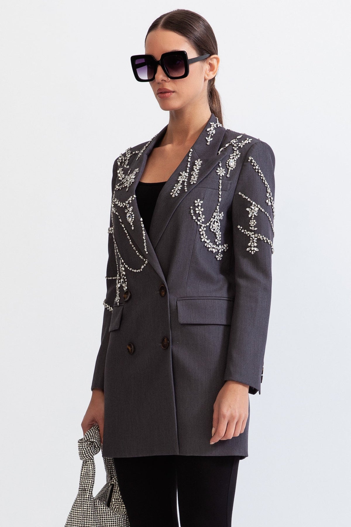 ELARA Double Breasted Long Blazer with Jewels - Grey