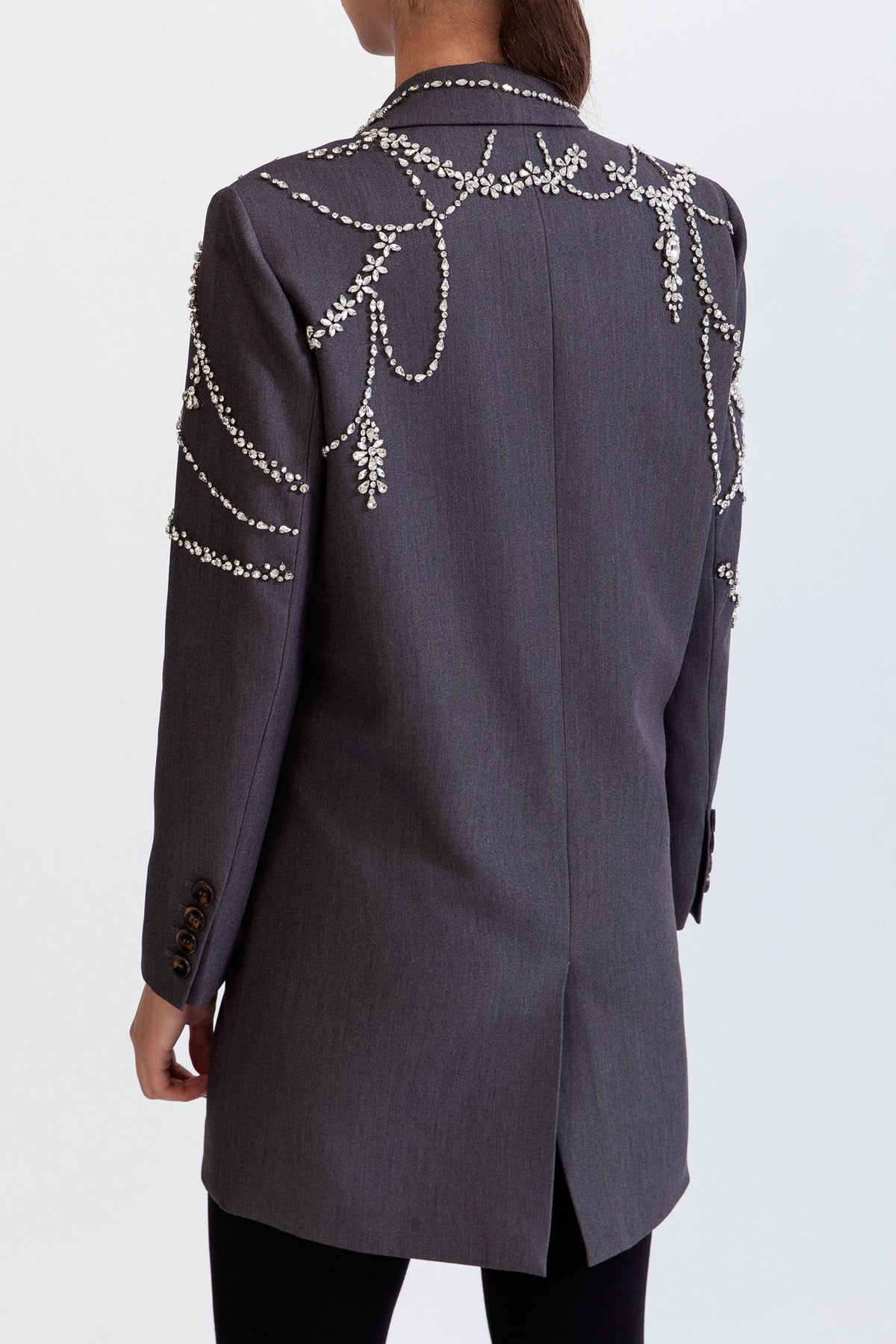 Double Breasted Long Blazer with Jewels - Grey