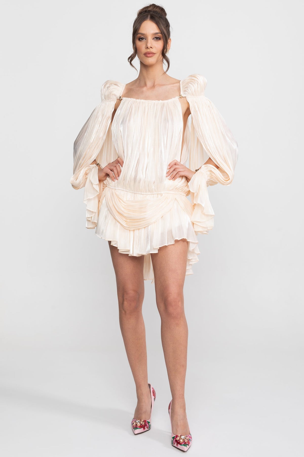 Sheer Draped Mini Dress With Cape Sleeves And Gold Clip Detail - Ivoire
