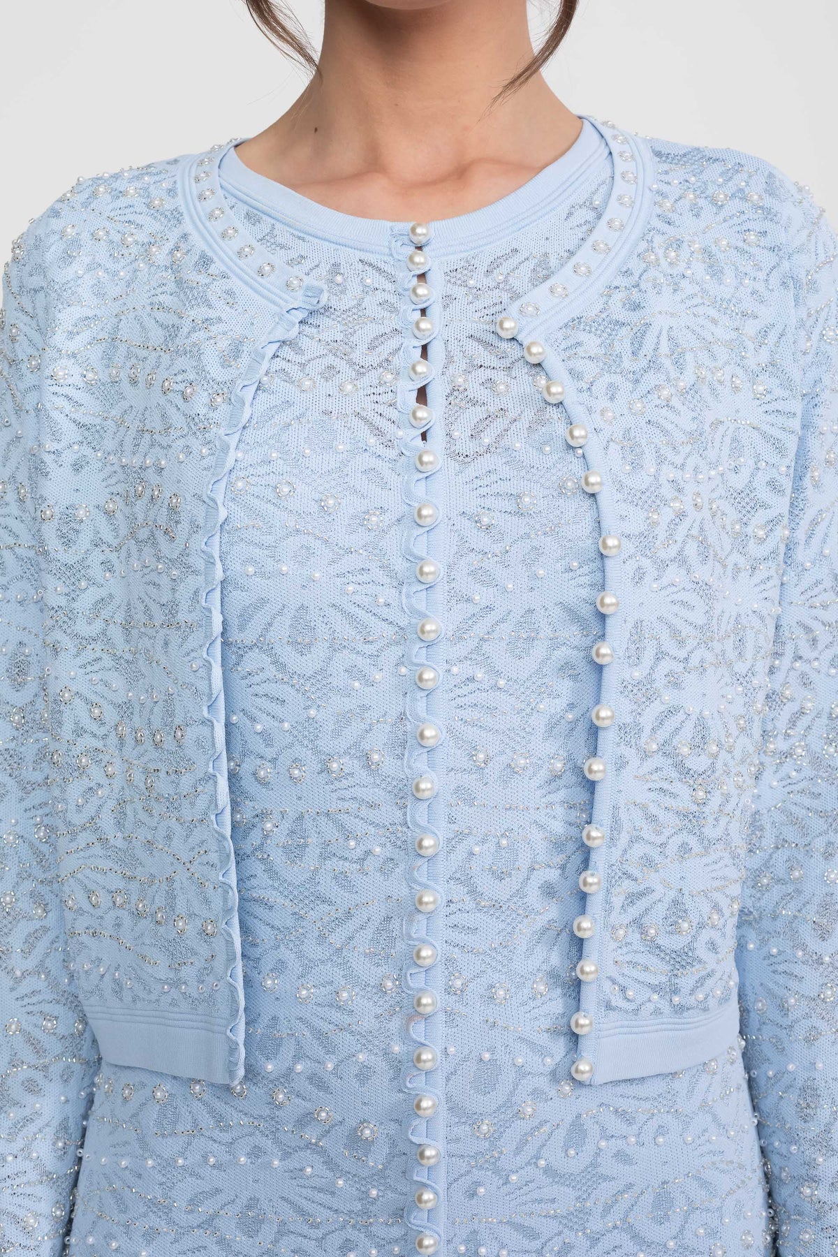 Embellished Long Sleeve Cardigan With Pearl Button Closure - Blue