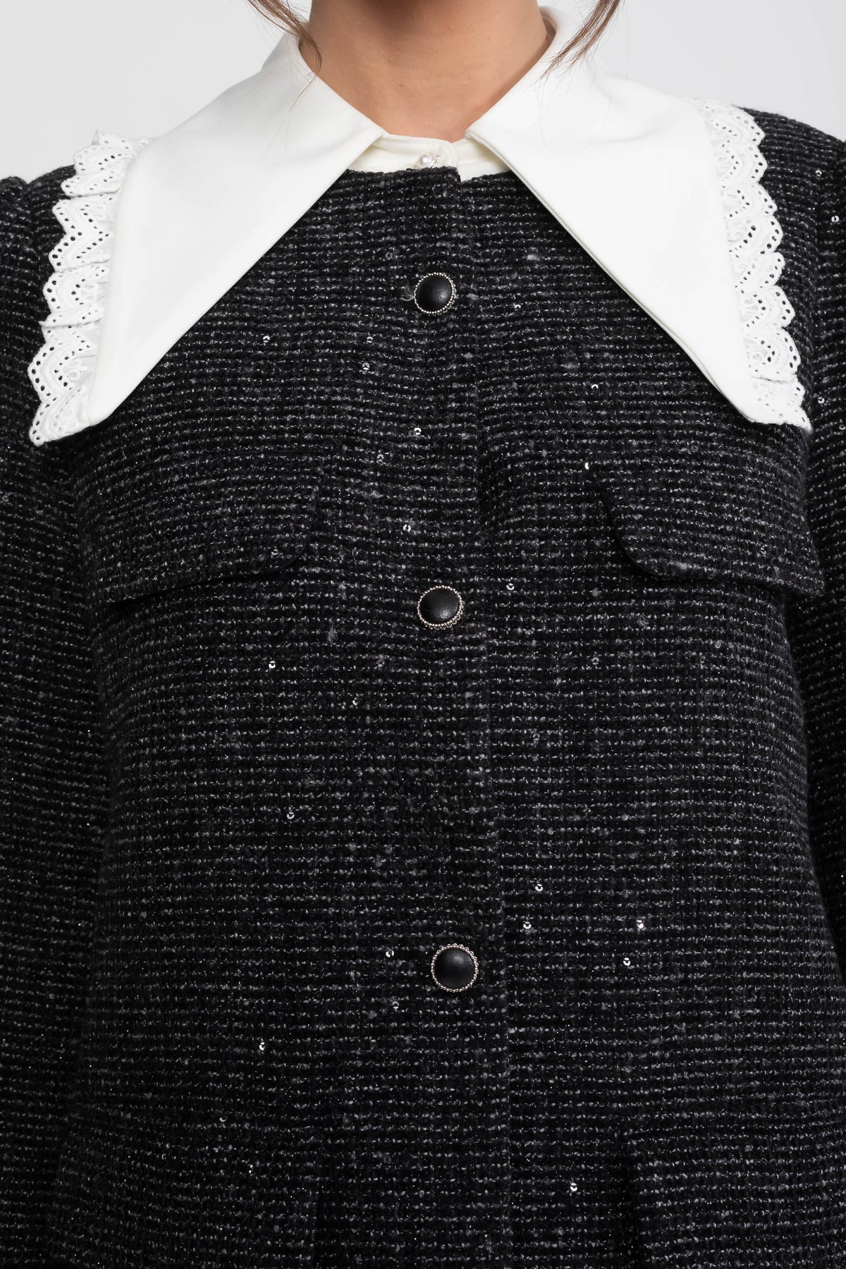 Bouclé Tweed Mini Dress With Lace-Trim Collar And Ruffle Hem - Charcoal