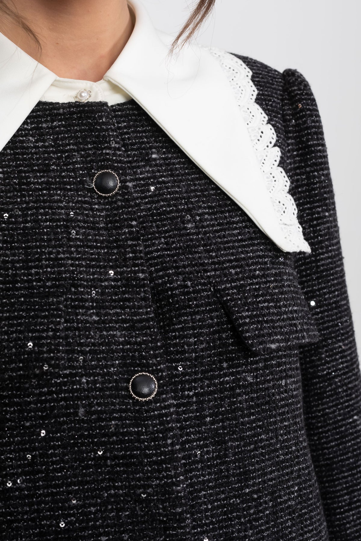 Bouclé Tweed Mini Dress With Lace-Trim Collar And Ruffle Hem - Charcoal