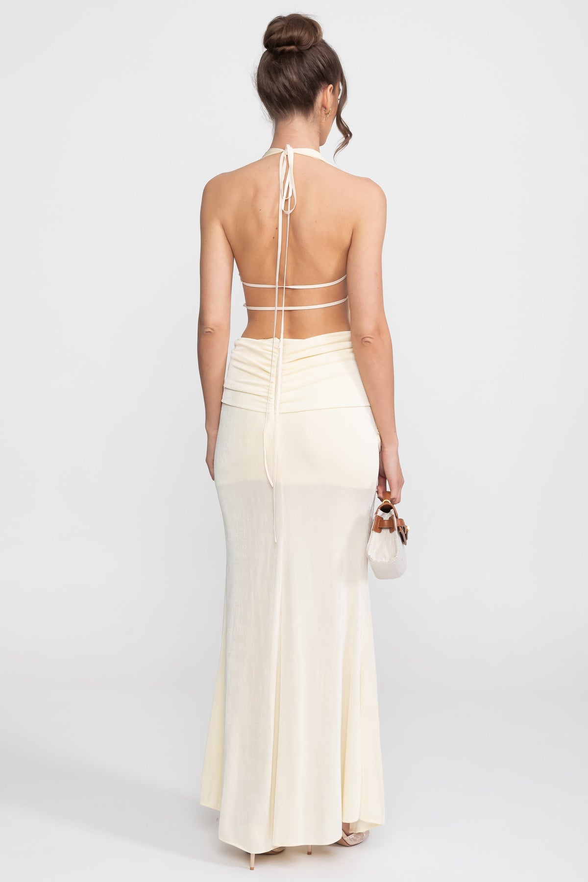Draped Halter Gown With Ruched Side Tie Detail - Ivoire